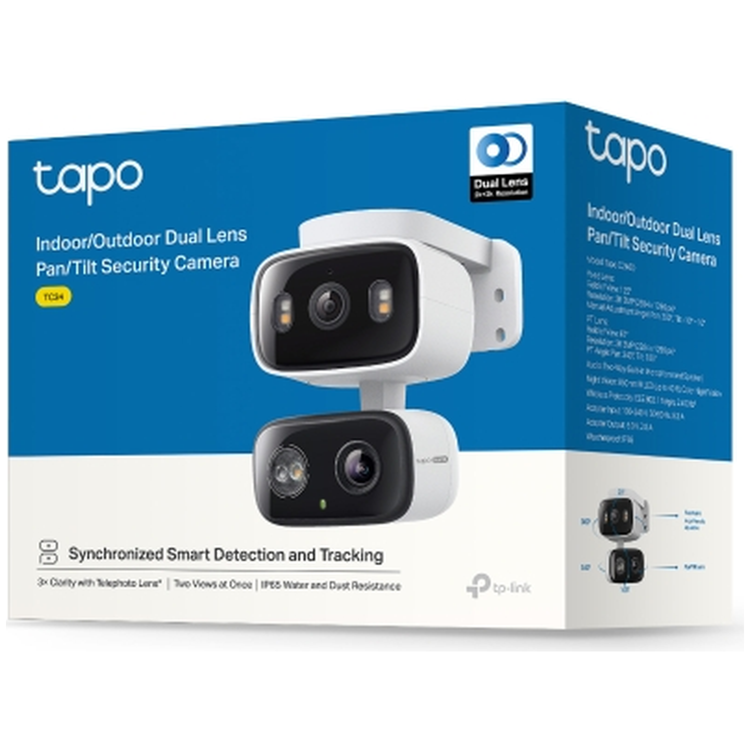 Tapo Indoor/Outdoor Dual Lens Pan/Tilt beveiligingscamera doos met camerabeeld.