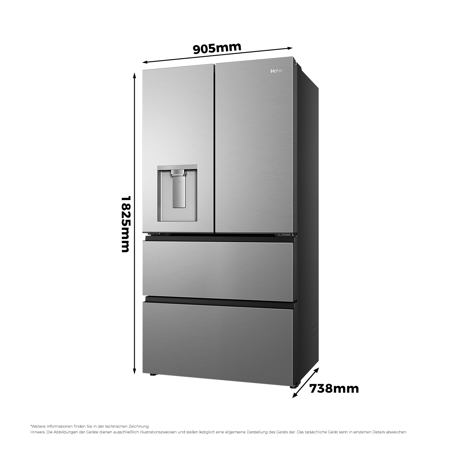 Ein silberner Kühlschrank mit vier Türen, Maße 1825x905x738mm.