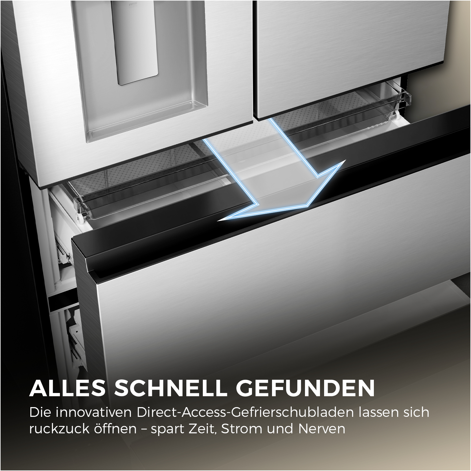 Ein Kühlschrank mit ausziehbaren Schubladen und einem Pfeil.