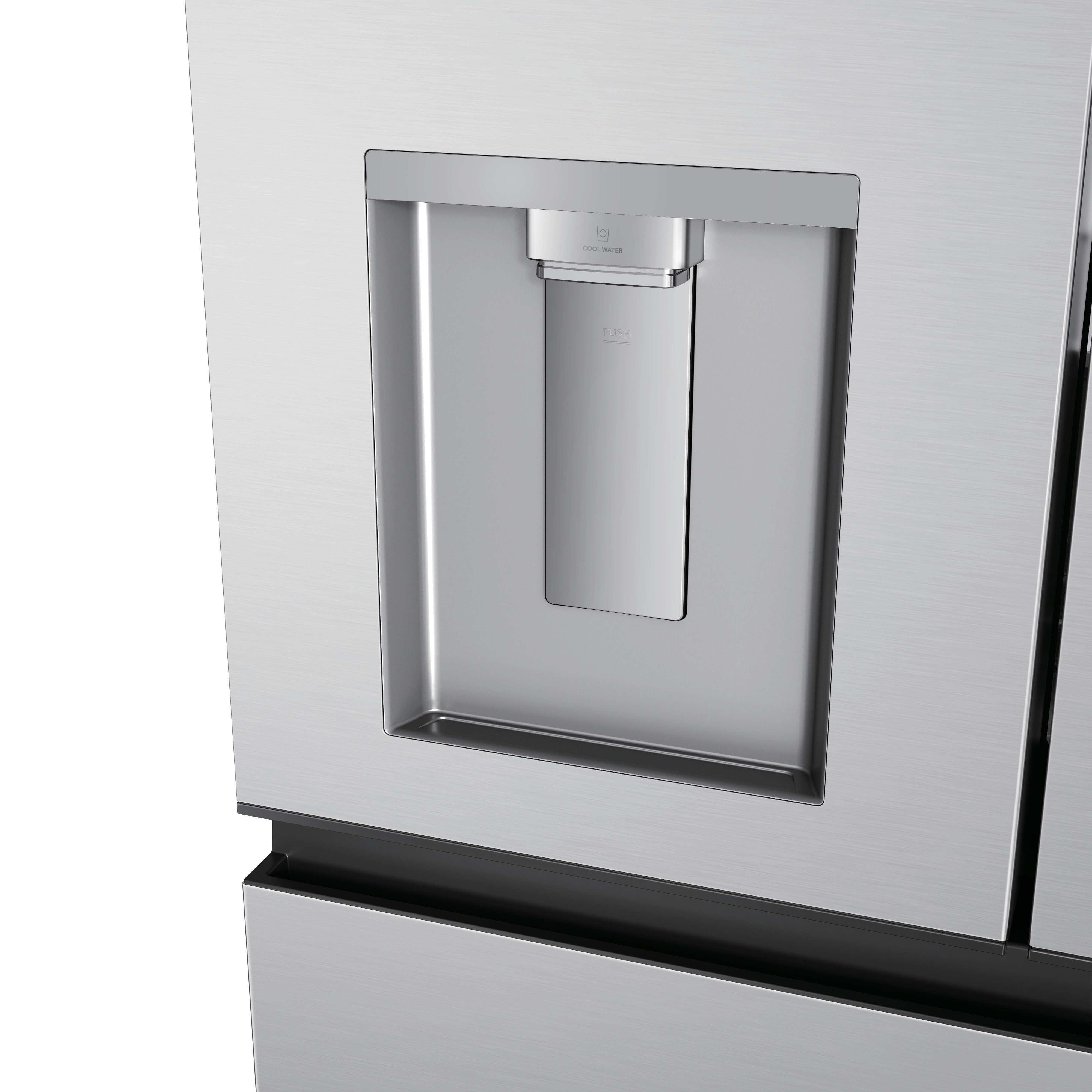 Kühlschrank-Wasserspender mit Edelstahloberfläche und Druckknopf.