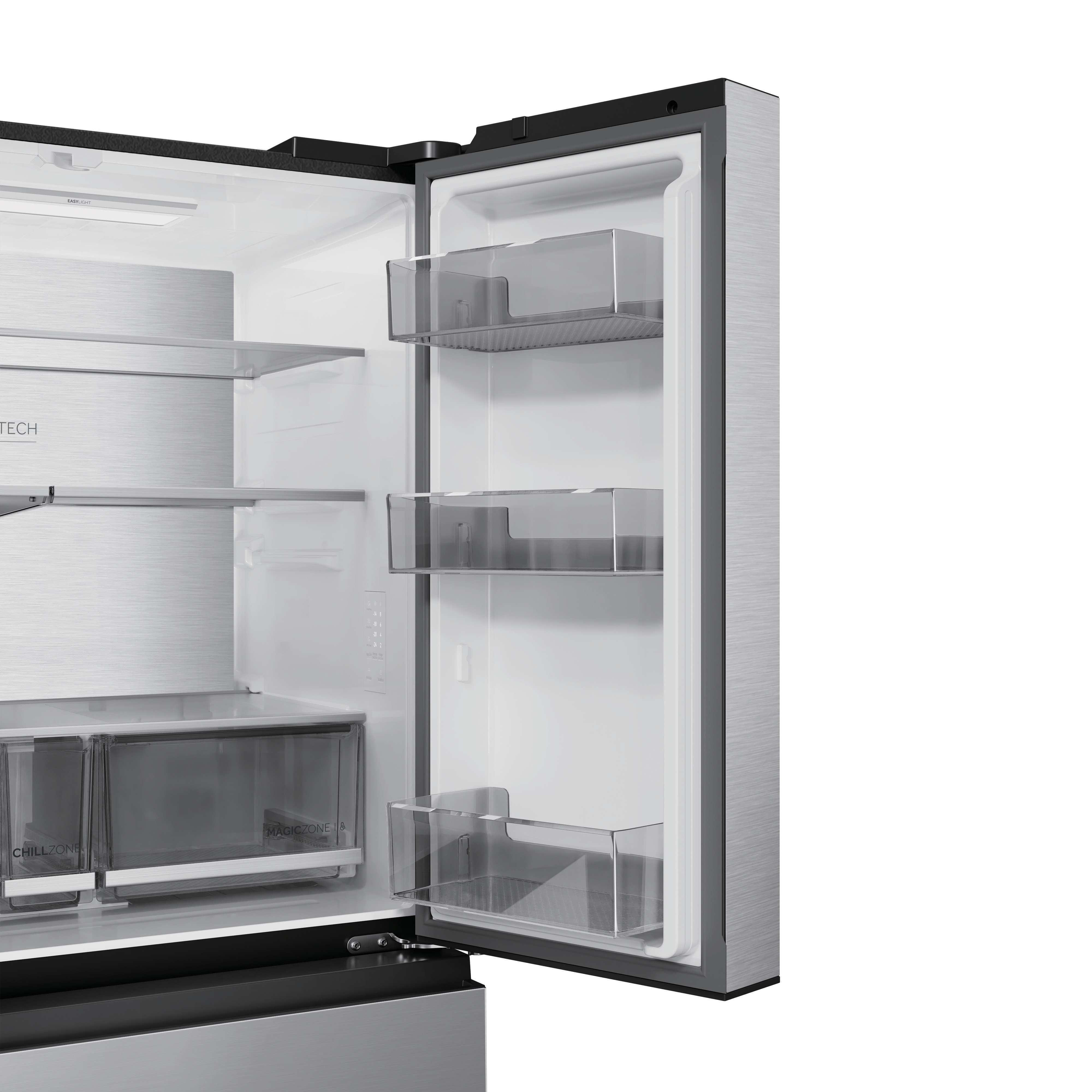 Ein offener Kühlschrank mit zwei Schubladen unten und Regalen an der Tür.