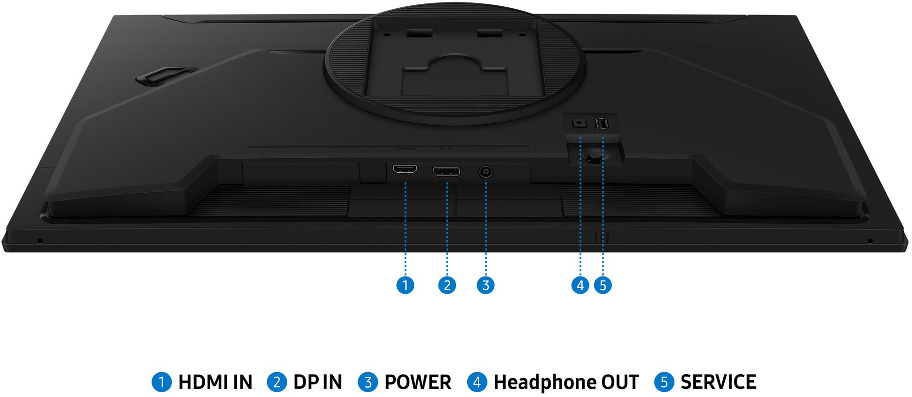Fekete monitor hátulja csatlakozókkal: HDMI, DP, Tápellátás, Fejhallgató, Szerviz.