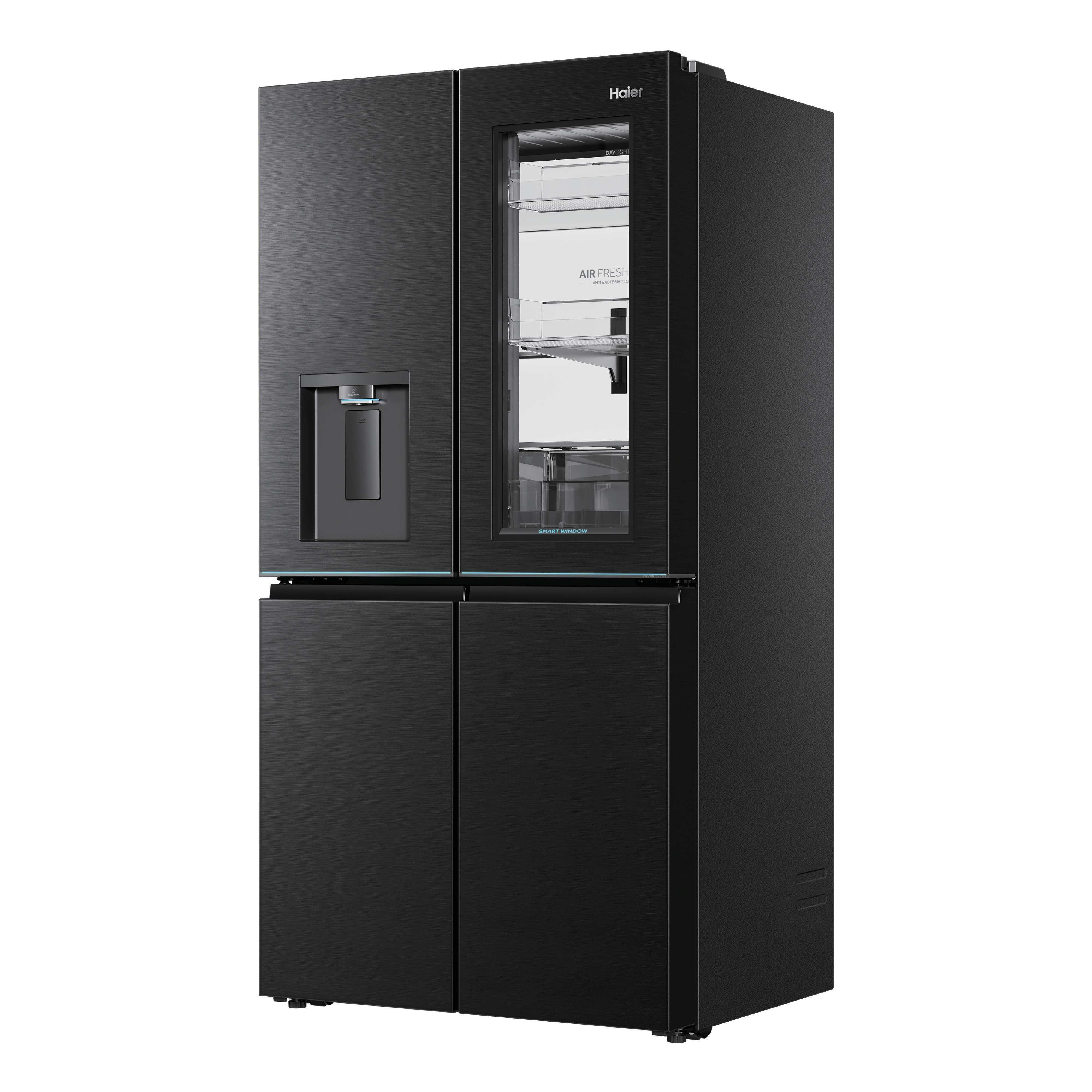 Schwarzer Kühlschrank mit vier Türen und Wasserspender.