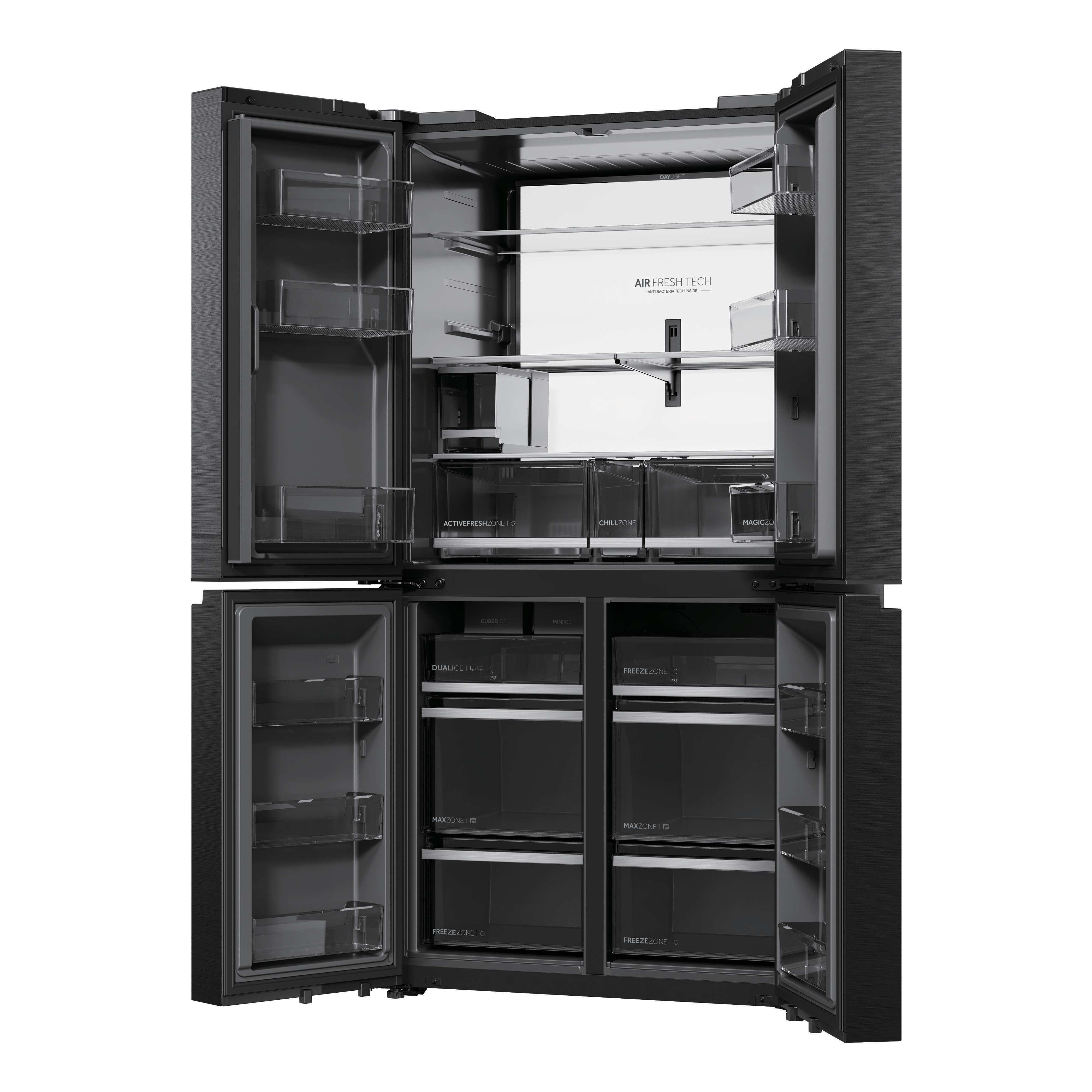 Offener schwarzer Kühlschrank mit mehreren Fächern und Schubladen.