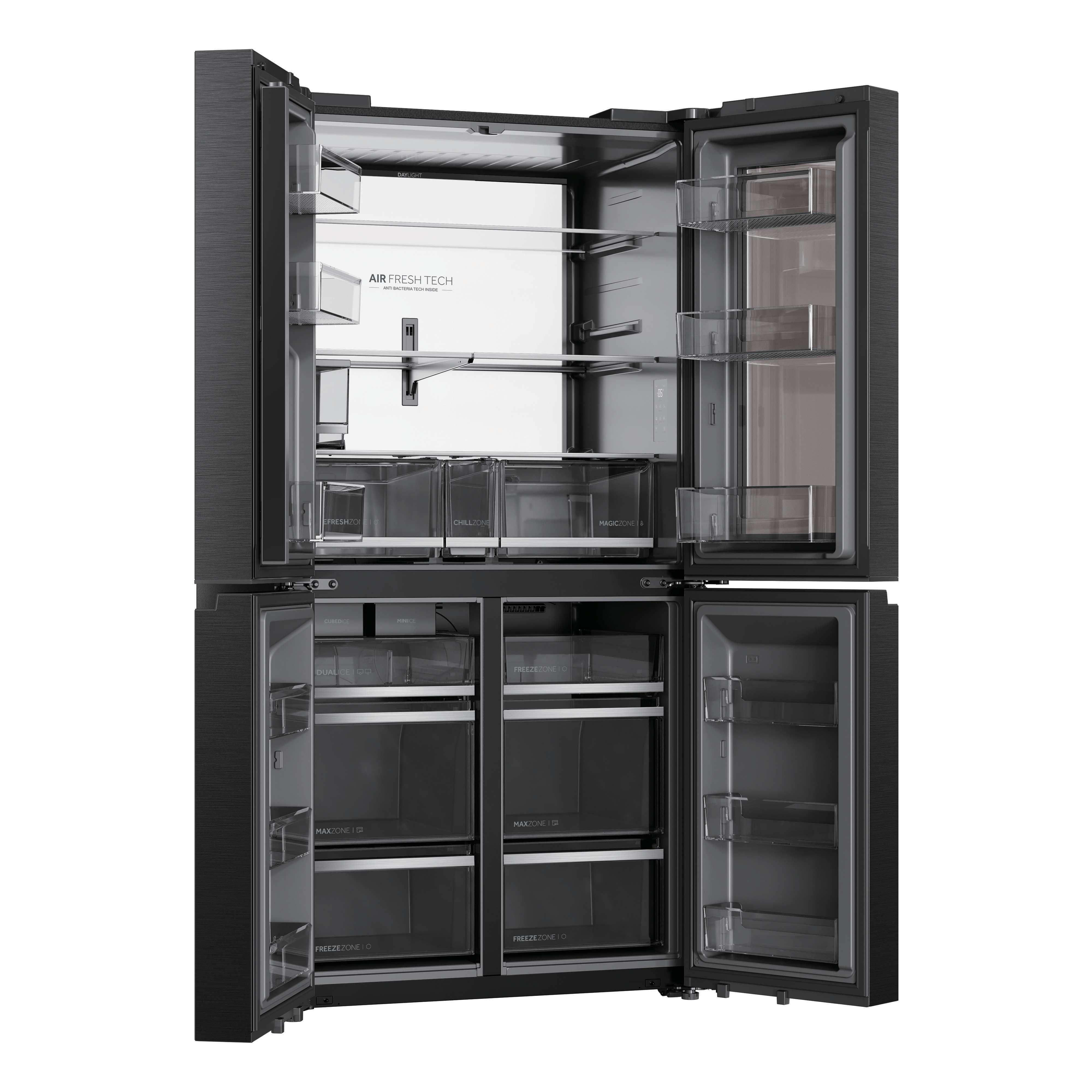 Schwarzer Kühlschrank mit geöffneten Türen, Regalen und Schubladen.