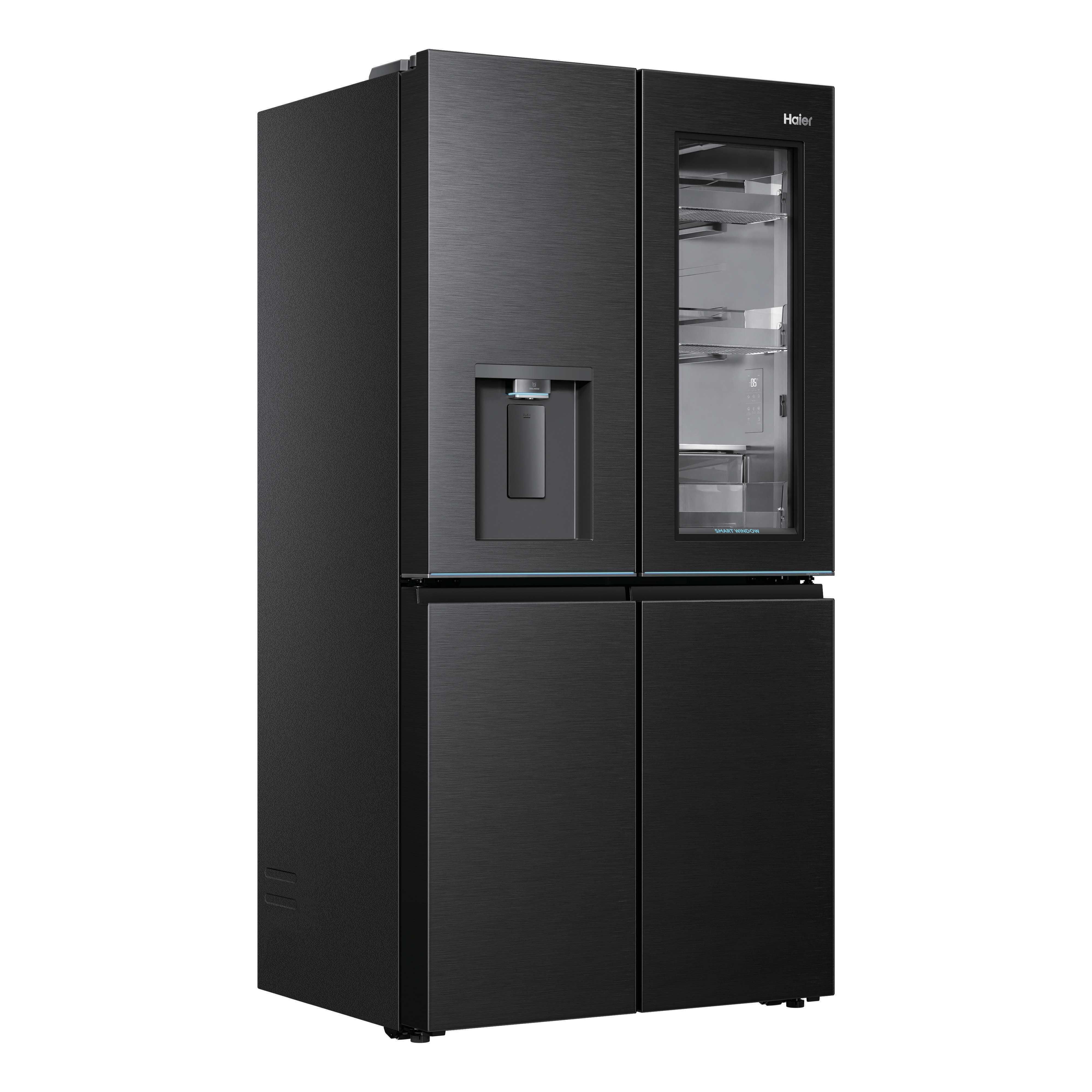 Ein schwarzer Haier Kühlschrank mit Wasserspender und Sichtfenster.