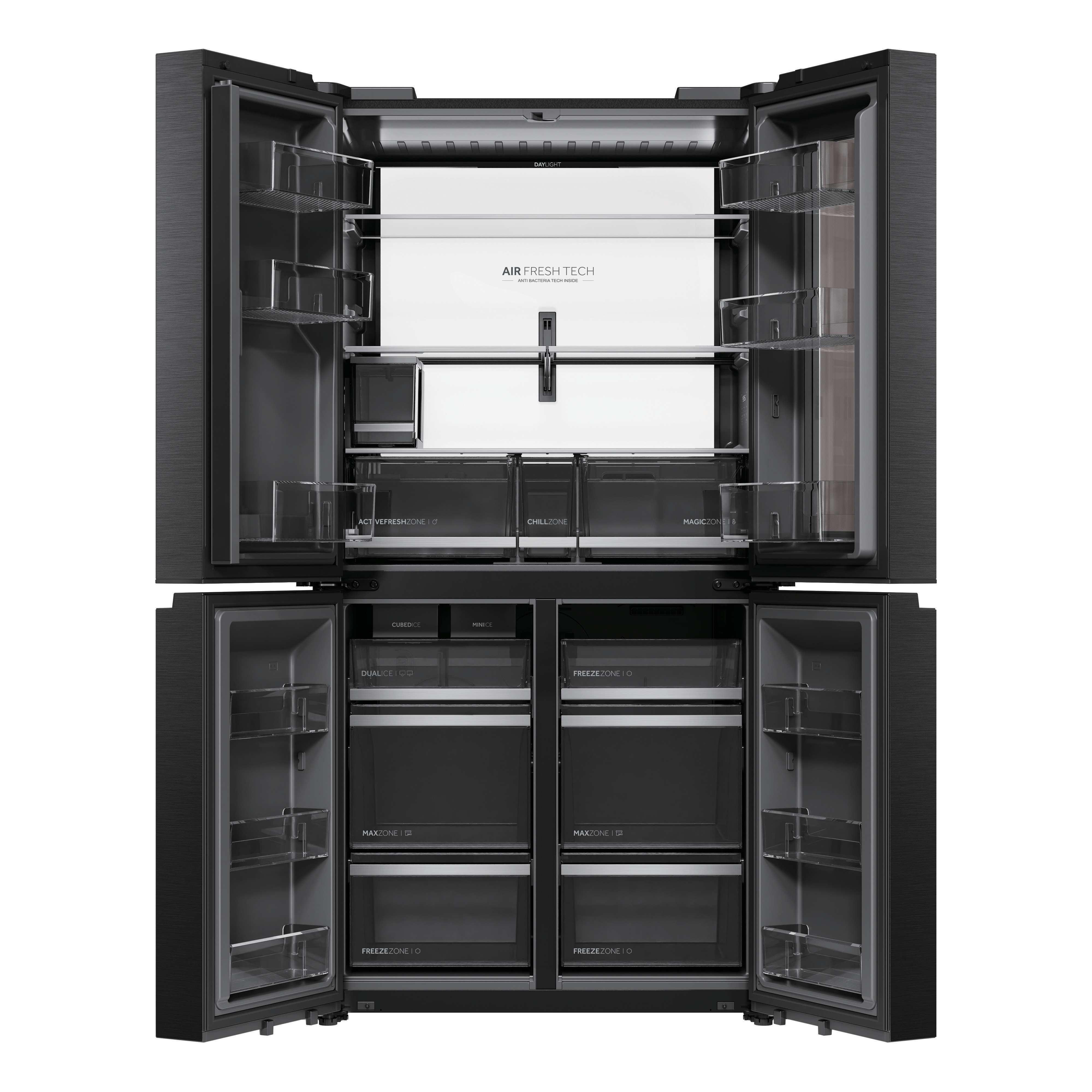 Ein offener schwarzer Kühlschrank mit mehreren Fächern und Schubladen.