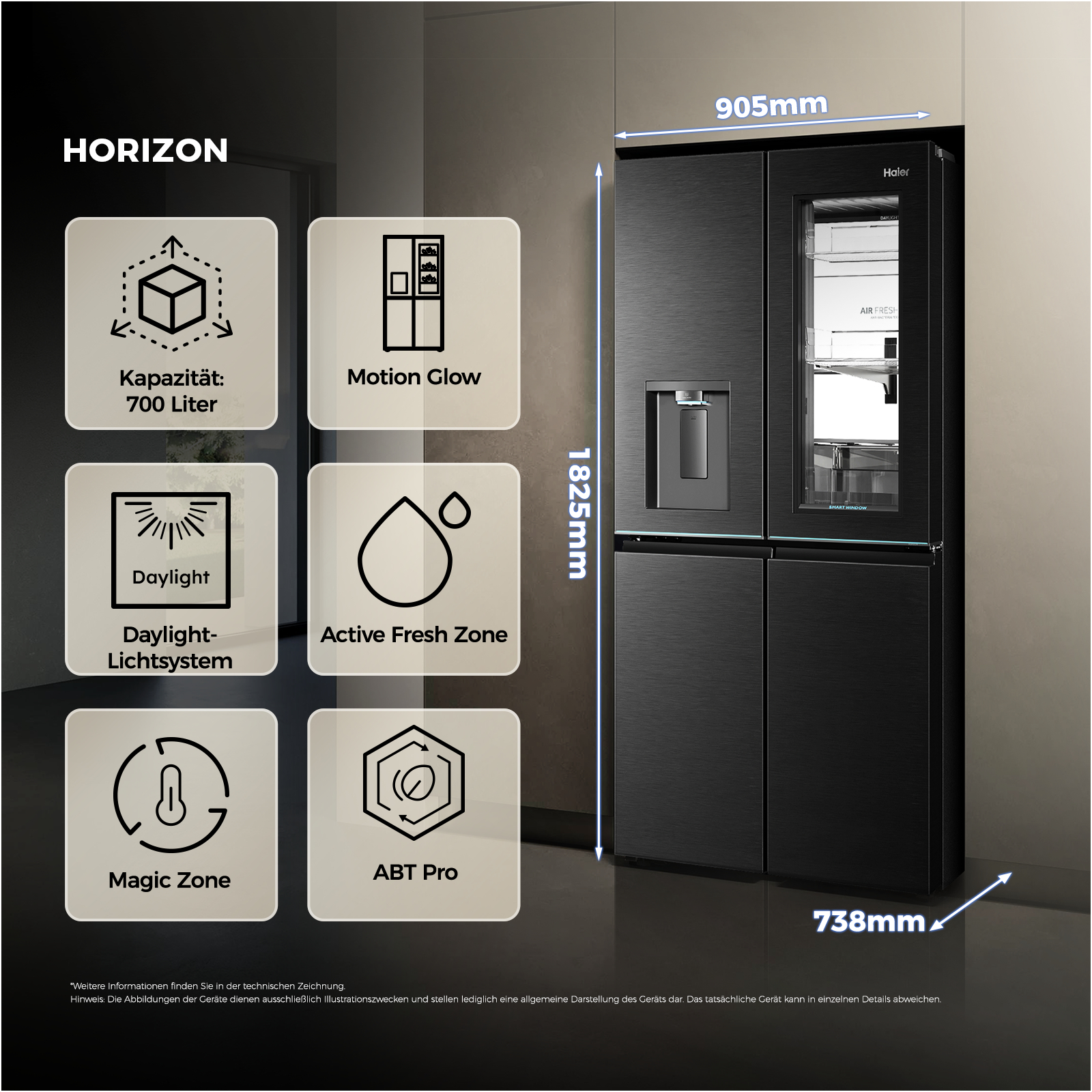 Ein schwarzer Kühlschrank mit sechs Türen und Touchscreen-Display sowie Maßen.