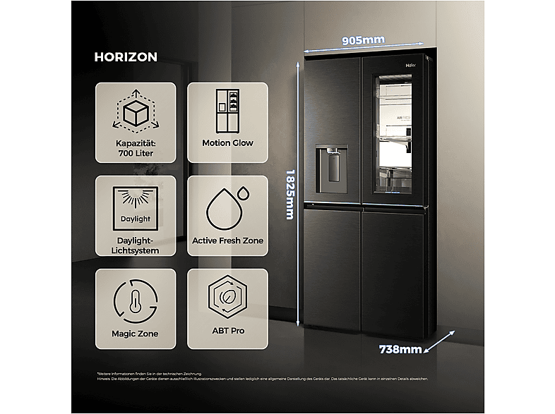 Haier HCW99F18DHMB Horizon Collection French Door, Kühl- und Gefrierkombination (700 l, D, 1825 mm hoch, No Frost (verminderte Eisbildung), Schwarz) — Foto 3 von 5