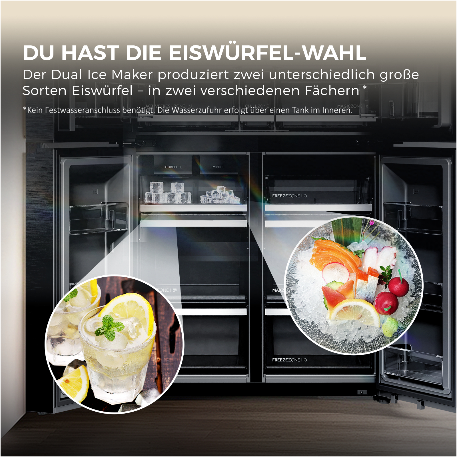 Ein Kühlschrank mit zwei Eiswürfelbehältern, Getränken und Sushi.