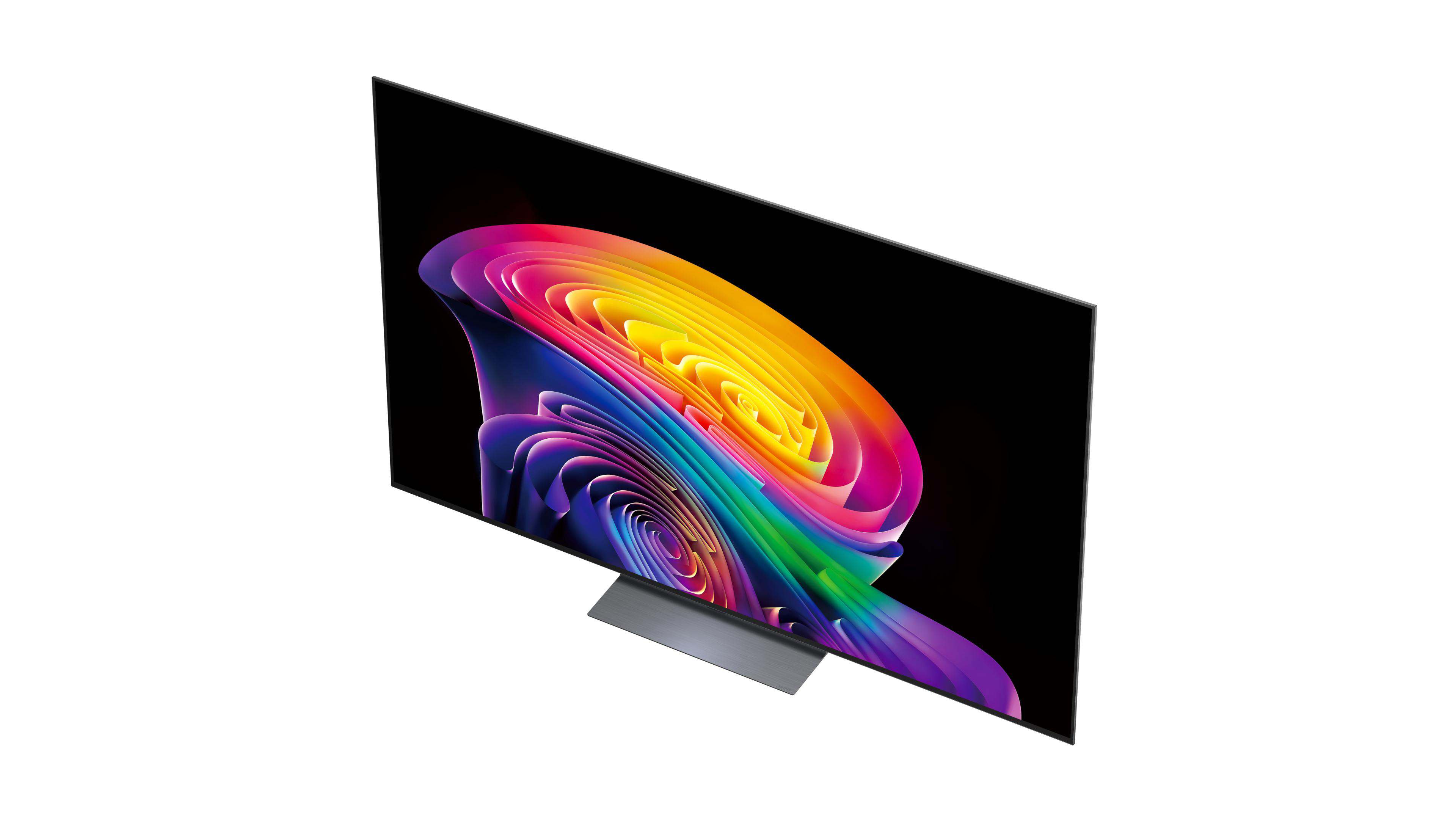 Ein schlanker Fernseher mit einem bunten, gewellten Muster auf dem Bildschirm.