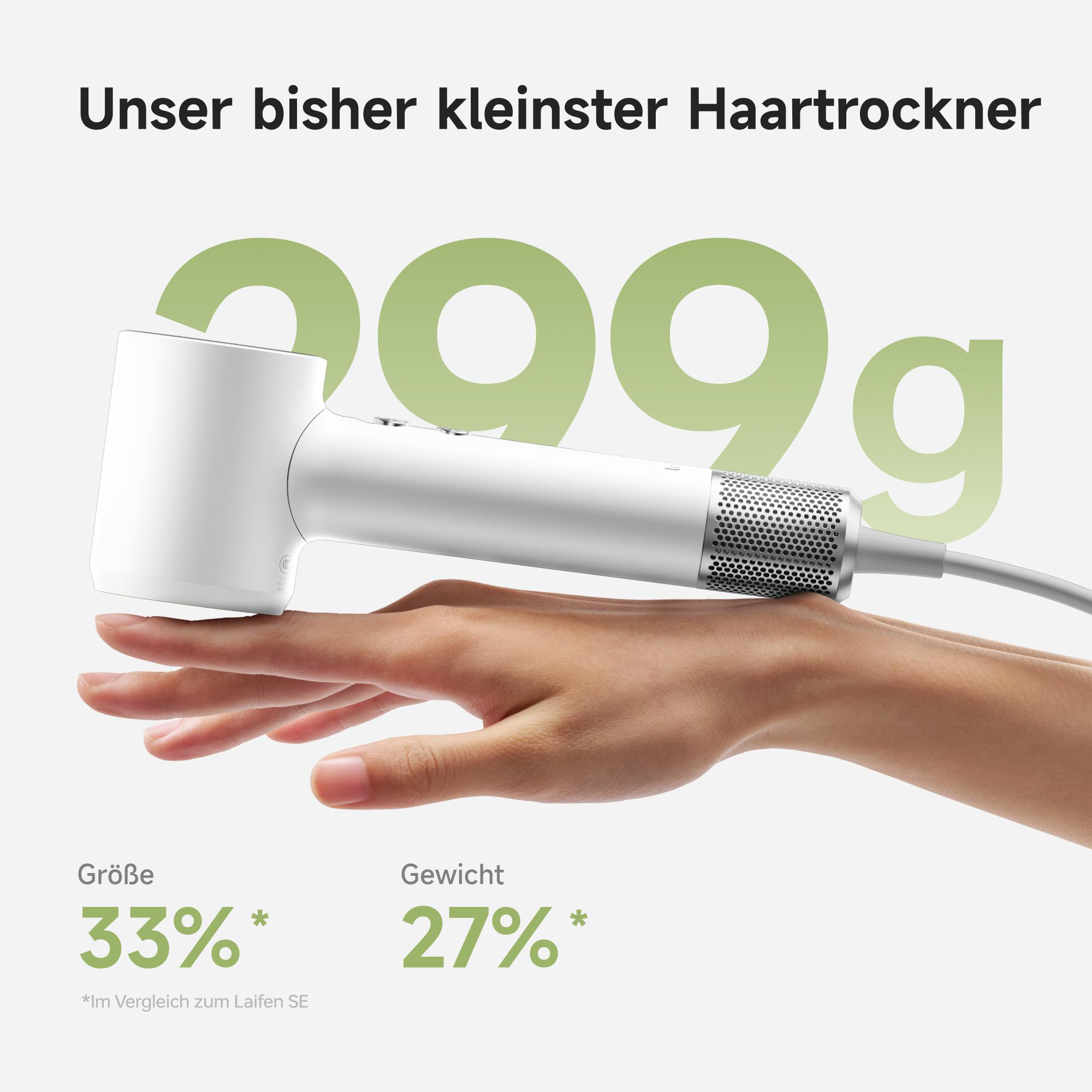 Ein weißer Haartrockner liegt auf einer Hand. Über 299g.