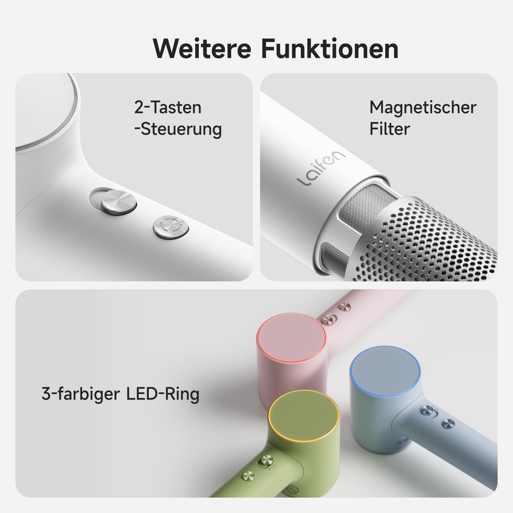 Drei Haartrockner in Rosa, Grün und Blau mit LED-Ringen und Knöpfen.
