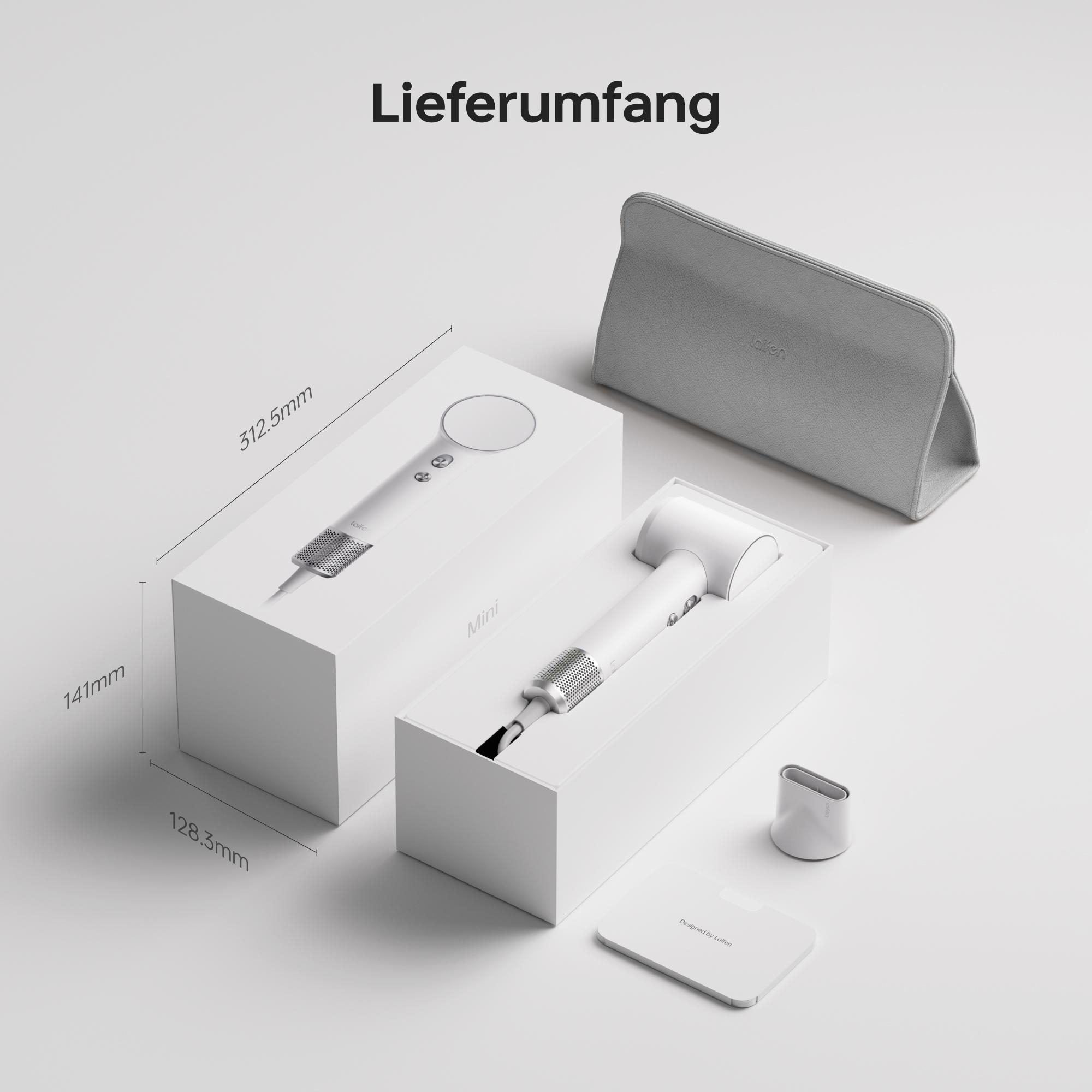 Lieferumfang: Weißer Haartrockner in Verpackung, Zubehör und grauer Tasche.