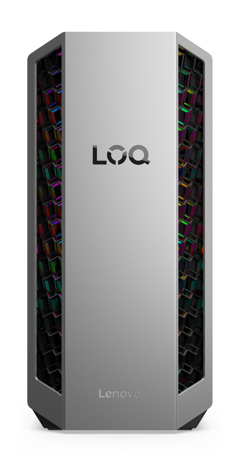 Srebrny komputer Lenovo z logo LOQ i kolorowymi wentylatorami RGB.