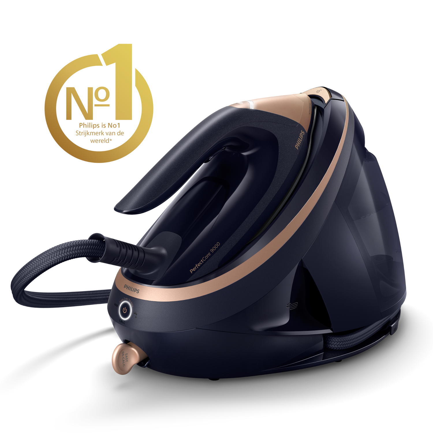 Dark blue steam iron with gold accents and a gold 'No. 1' graphic.