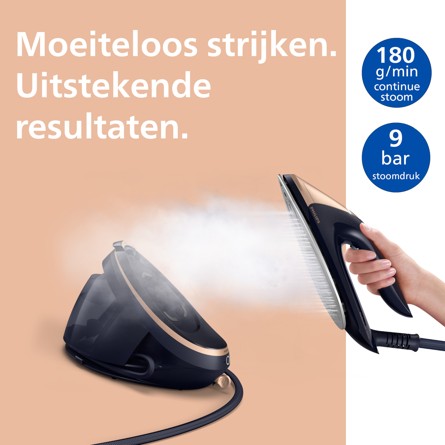 A hand holding an iron emitting steam, and a base station.