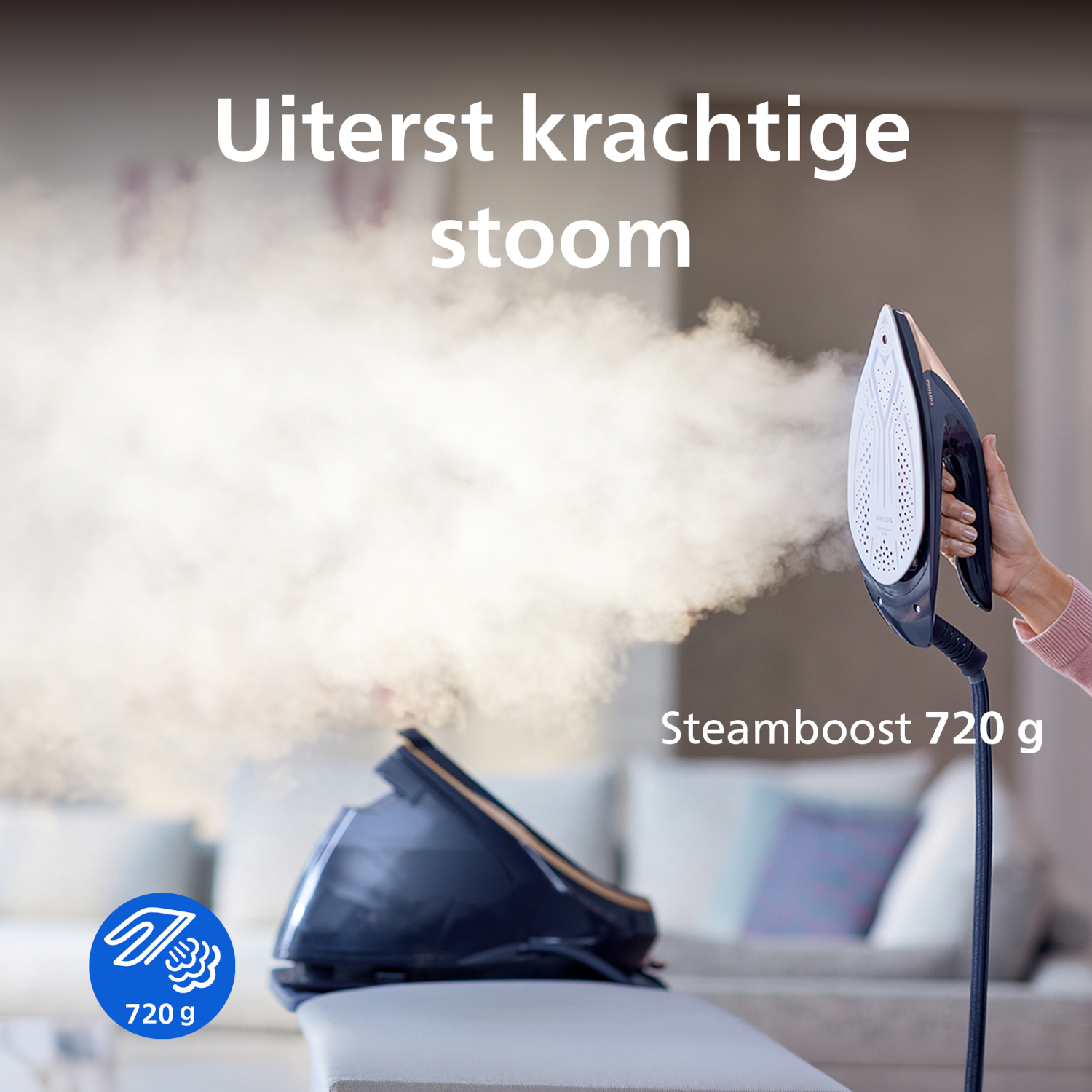 An iron releases a lot of steam while on an ironing board.