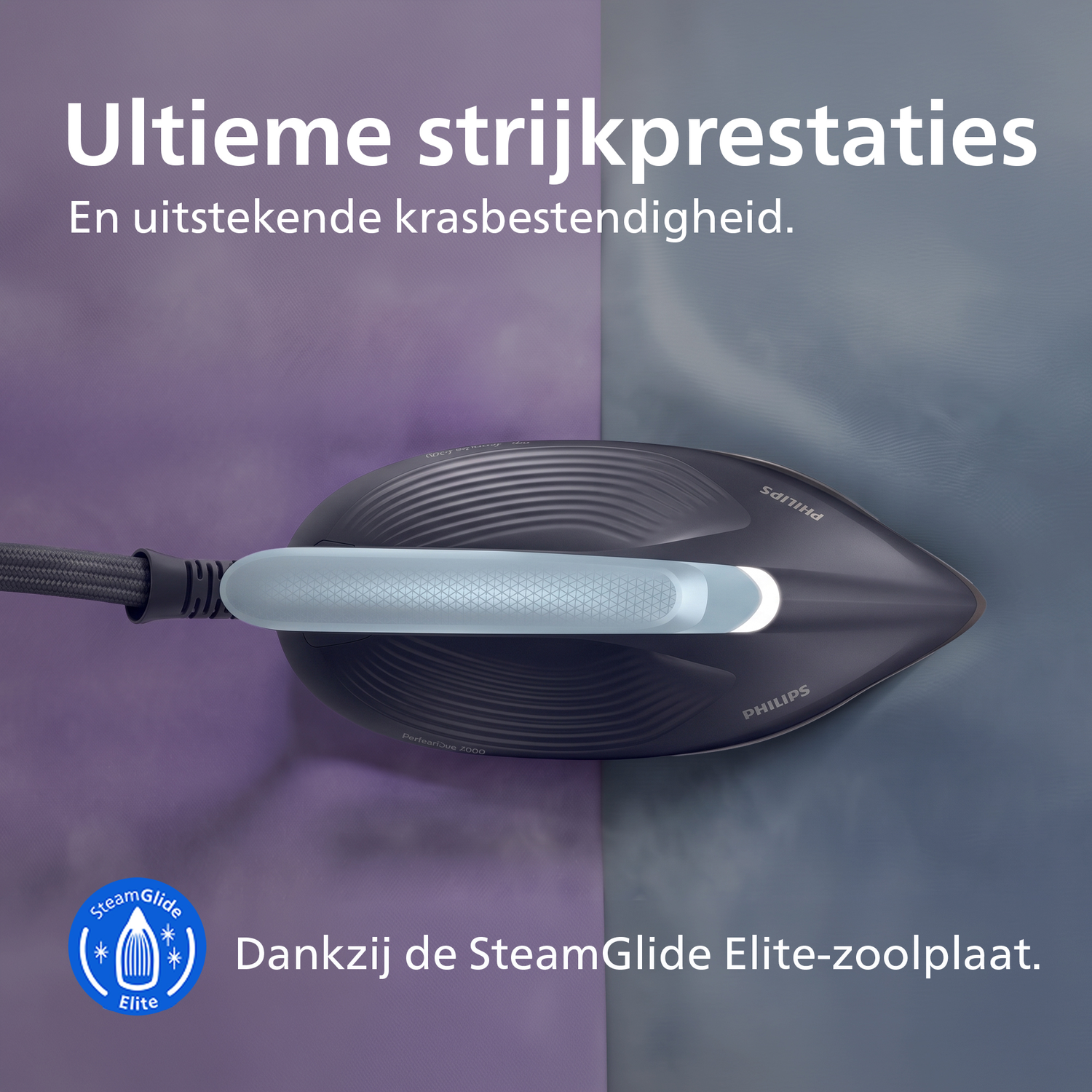 Philips stoomstrijkijzer met SteamGlide Elite strijkzool op gesplitste achtergrond.