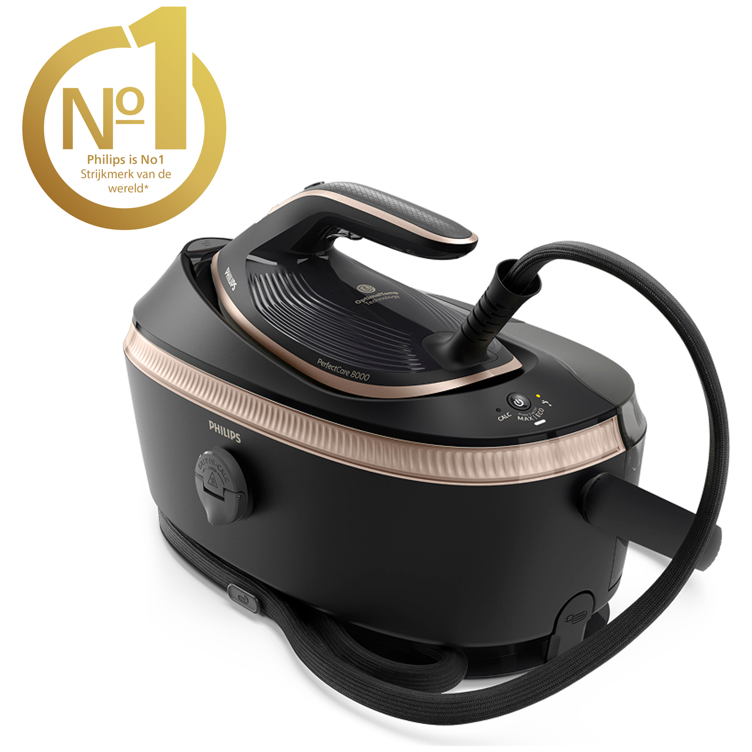 Een zwart Philips PerfectCare 8000 stoomstrijkijzer met gouden rand en nr. 1 logo.