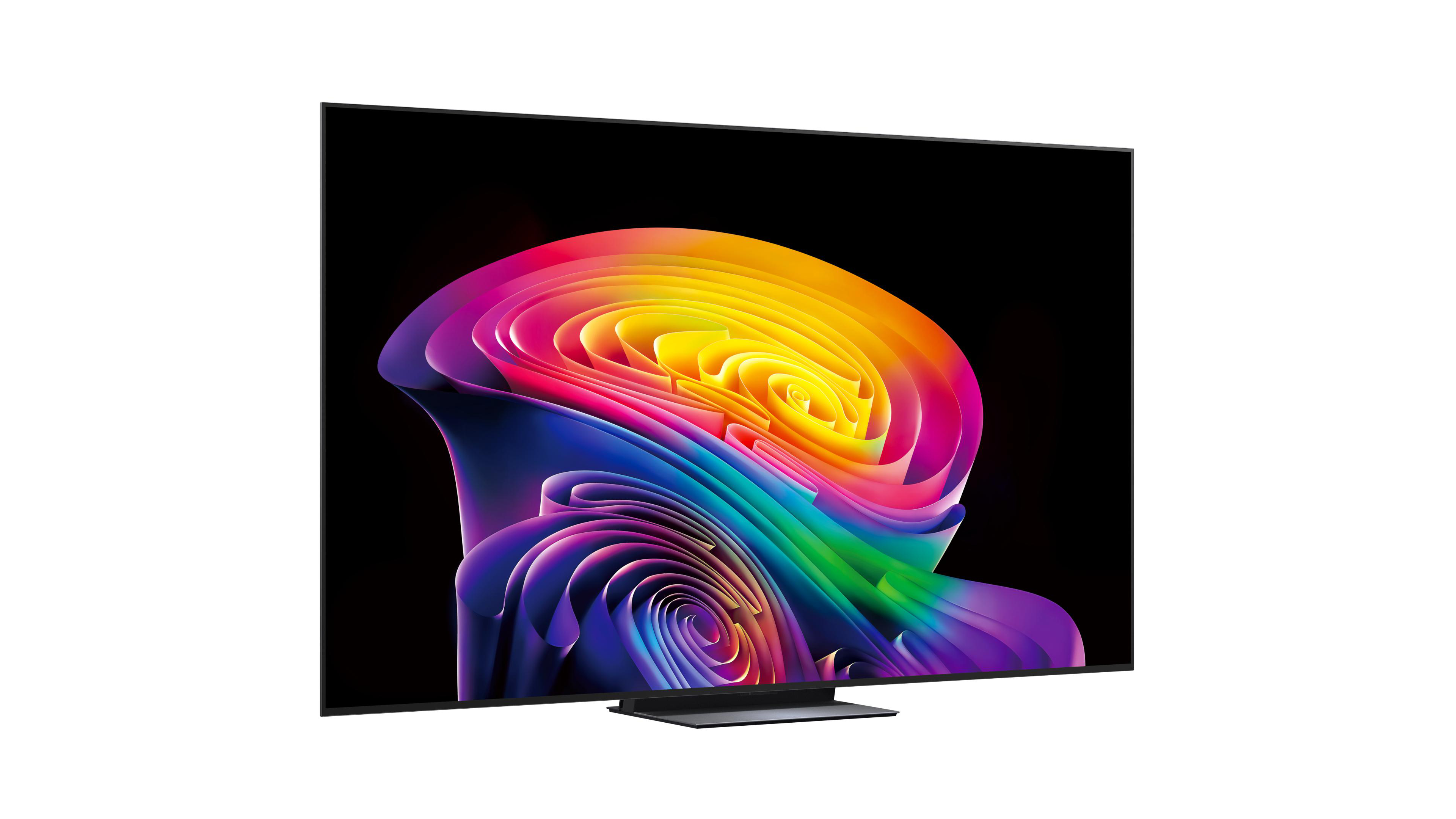 Ein moderner Fernseher mit einem bunten, abstrakten Bild auf dem Bildschirm.