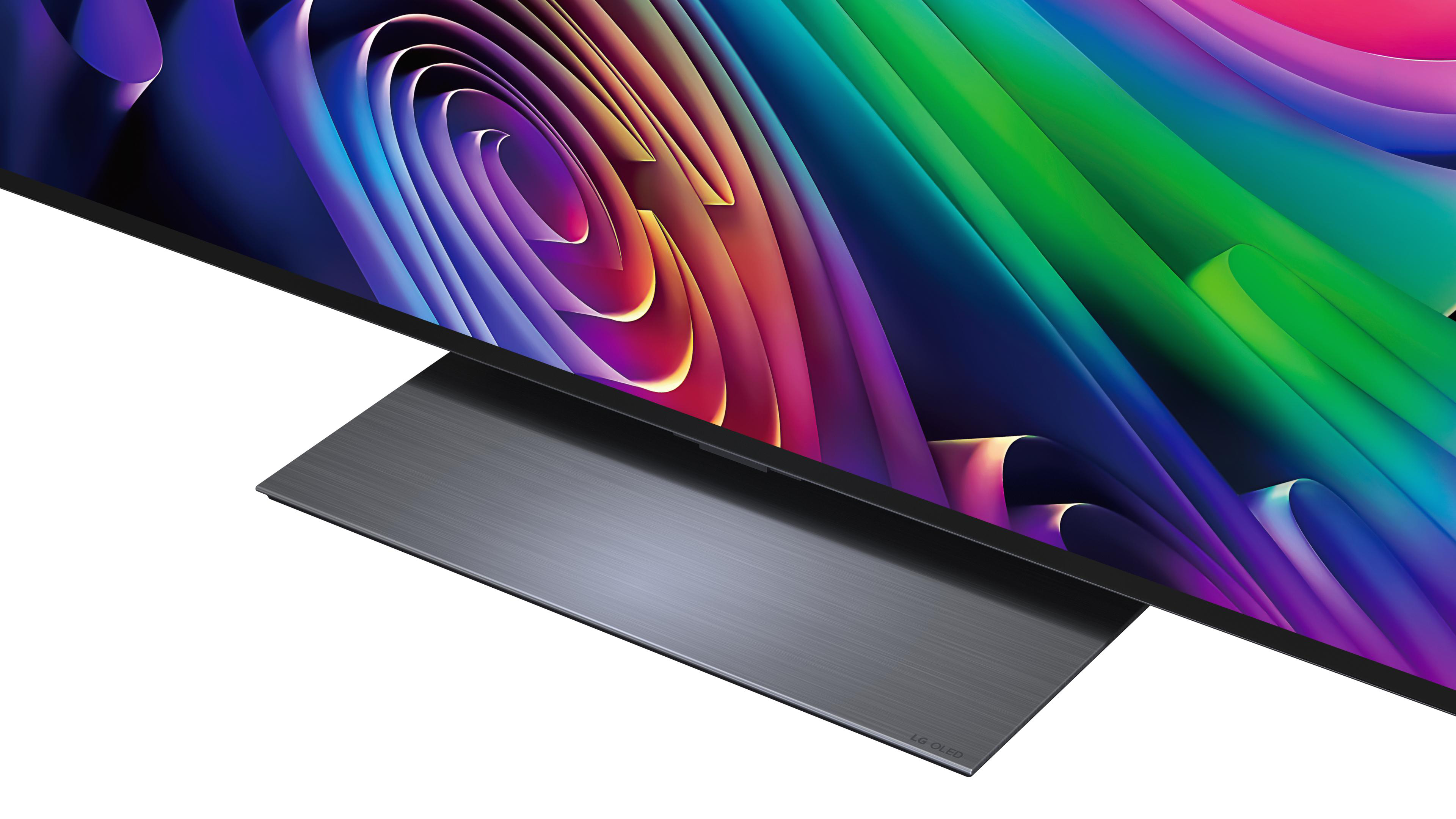 Ein moderner Fernseher mit einem stilvollen Ständer und einem farbenfrohen, abstrakten Hintergrund.