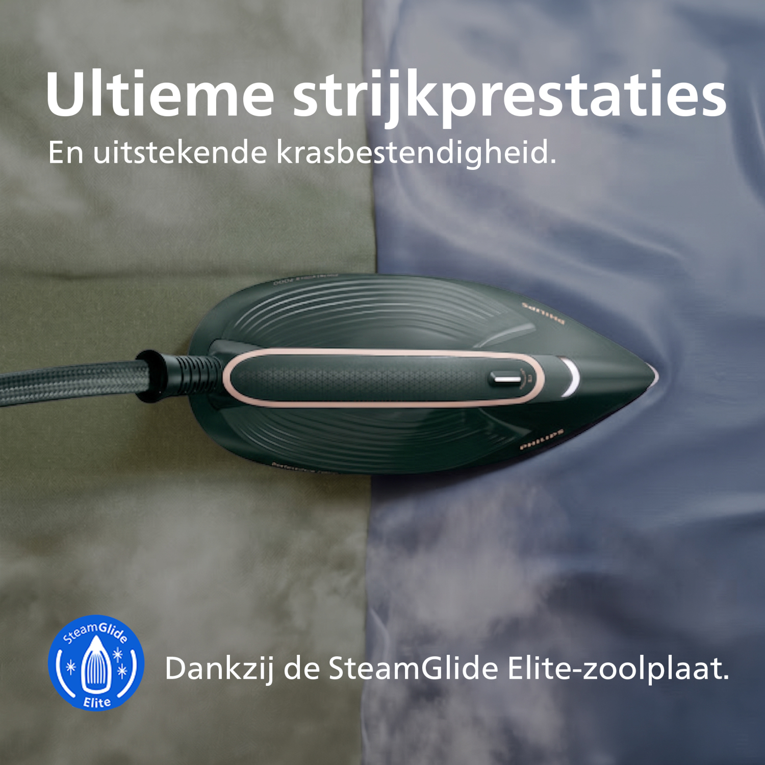 Steam iron with SteamGlide Elite soleplate on fabric.