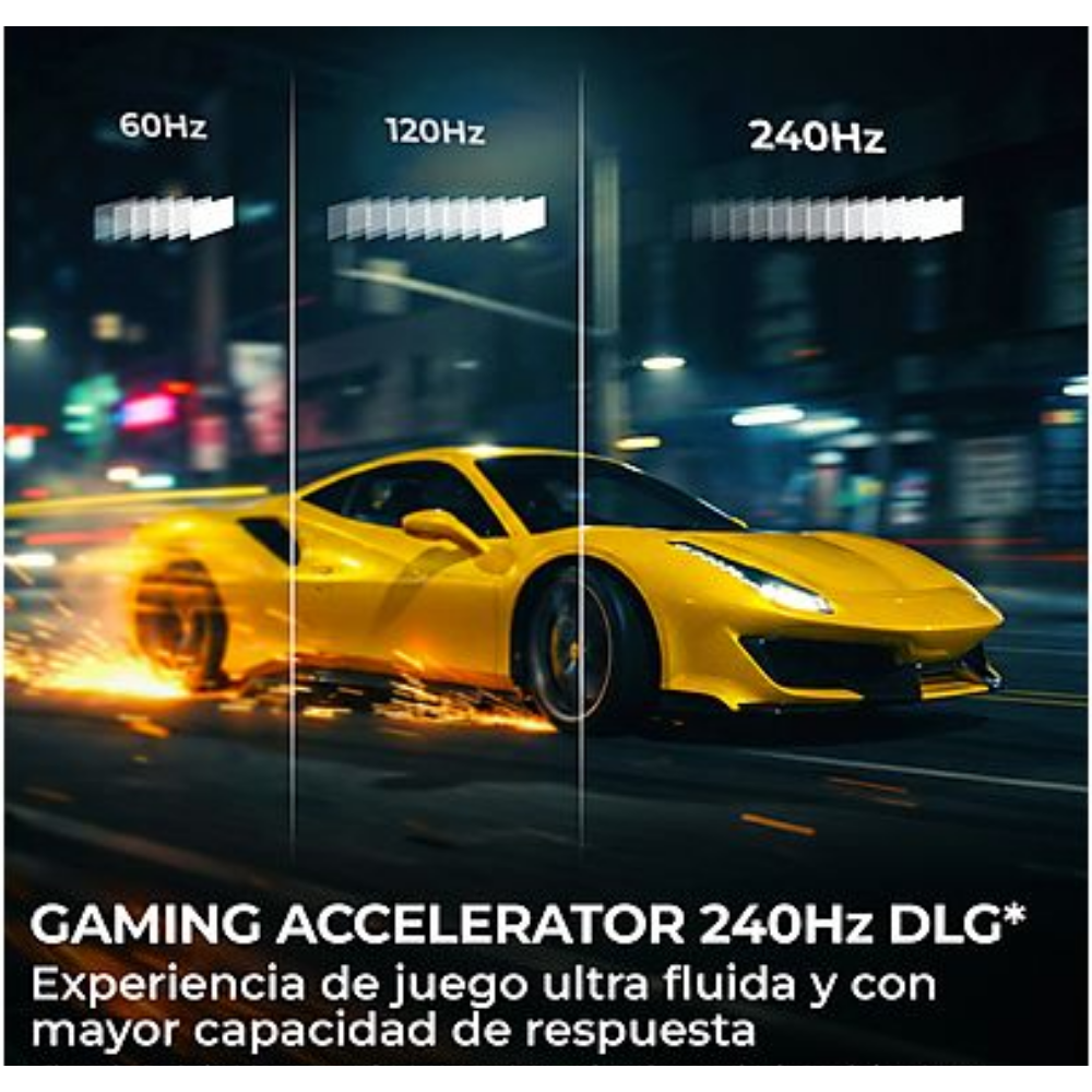 Gaming Accelerator 240Hz DLG. Experiencia de juego ultra fluida y con mayor capacidad de respuesta. Coche deportivo amarillo