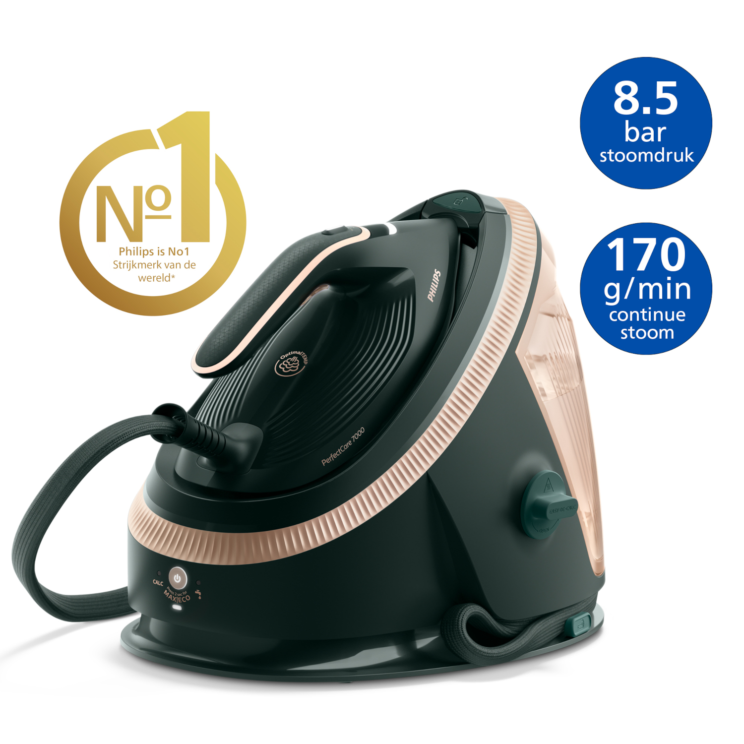 Dark green steam iron with rose gold accents and a No.1 logo. Water tank visible.