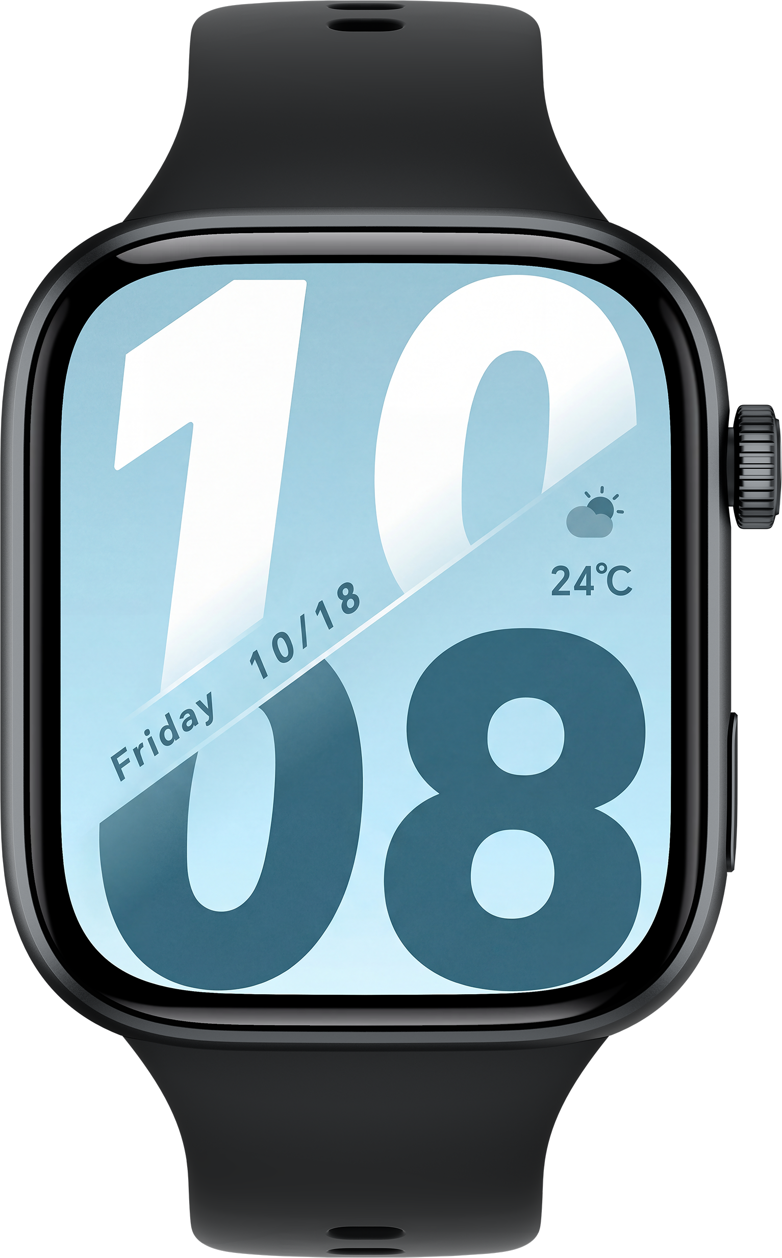 Egy fekete okosóra 10:08-at mutat, október 18-án, pénteken, 24°C-on.