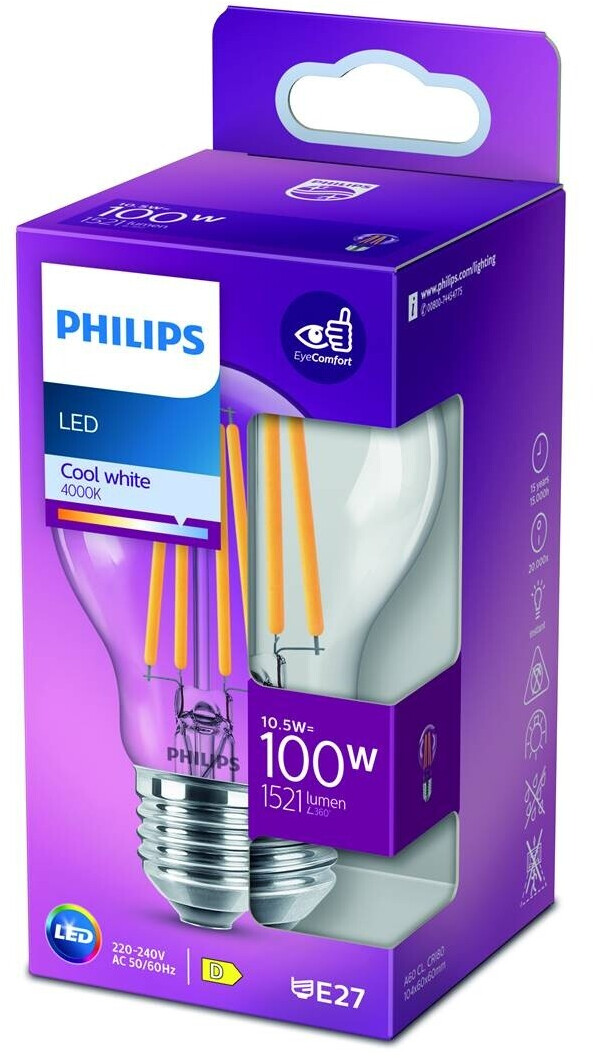 Philips LED izzó csomagolása: hideg fehér, 10,5W=100W, 1521 lumen, E27 foglalat.