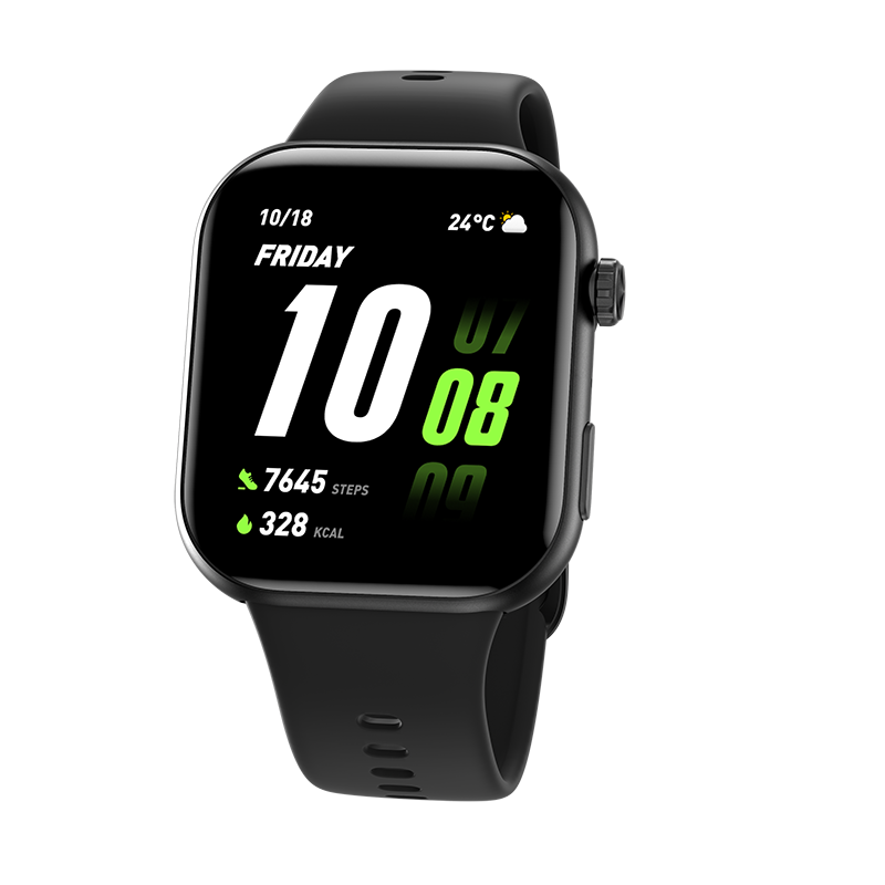 Fekete okosóra mutatja: 10:18, péntek, 7645 lépés, 328 kcal, 24°C.