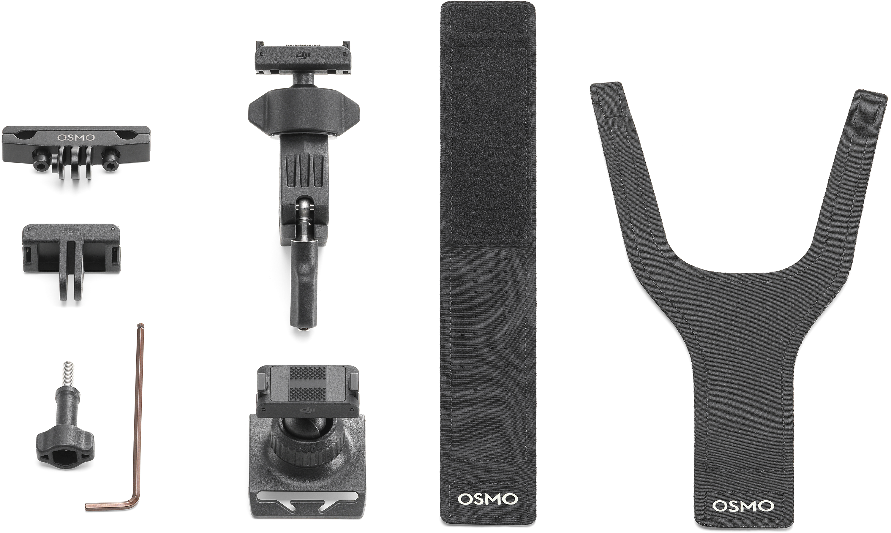 Fekete DJI Osmo tartozékok: tartók, imbuszkulcs, szíj és Y-alakú konzol.