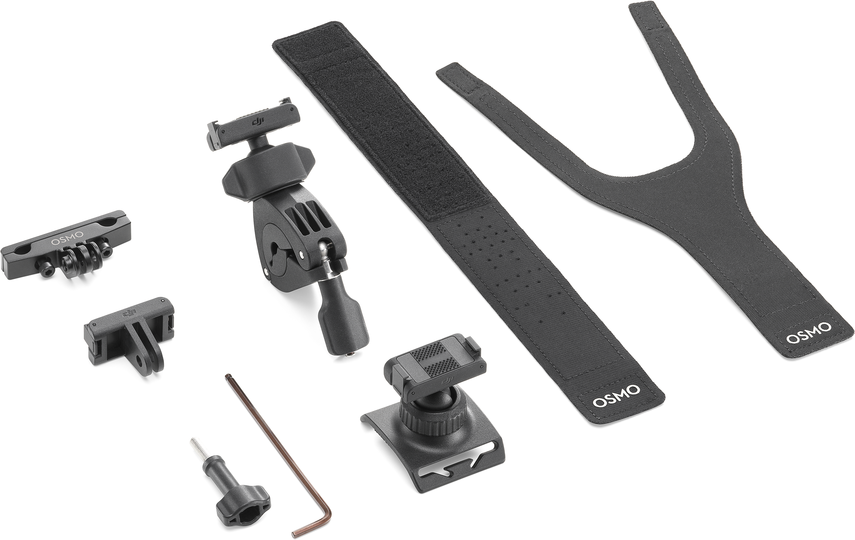 Fekete DJI Osmo tartozékok: tartók, szíjak és imbuszkulcs.