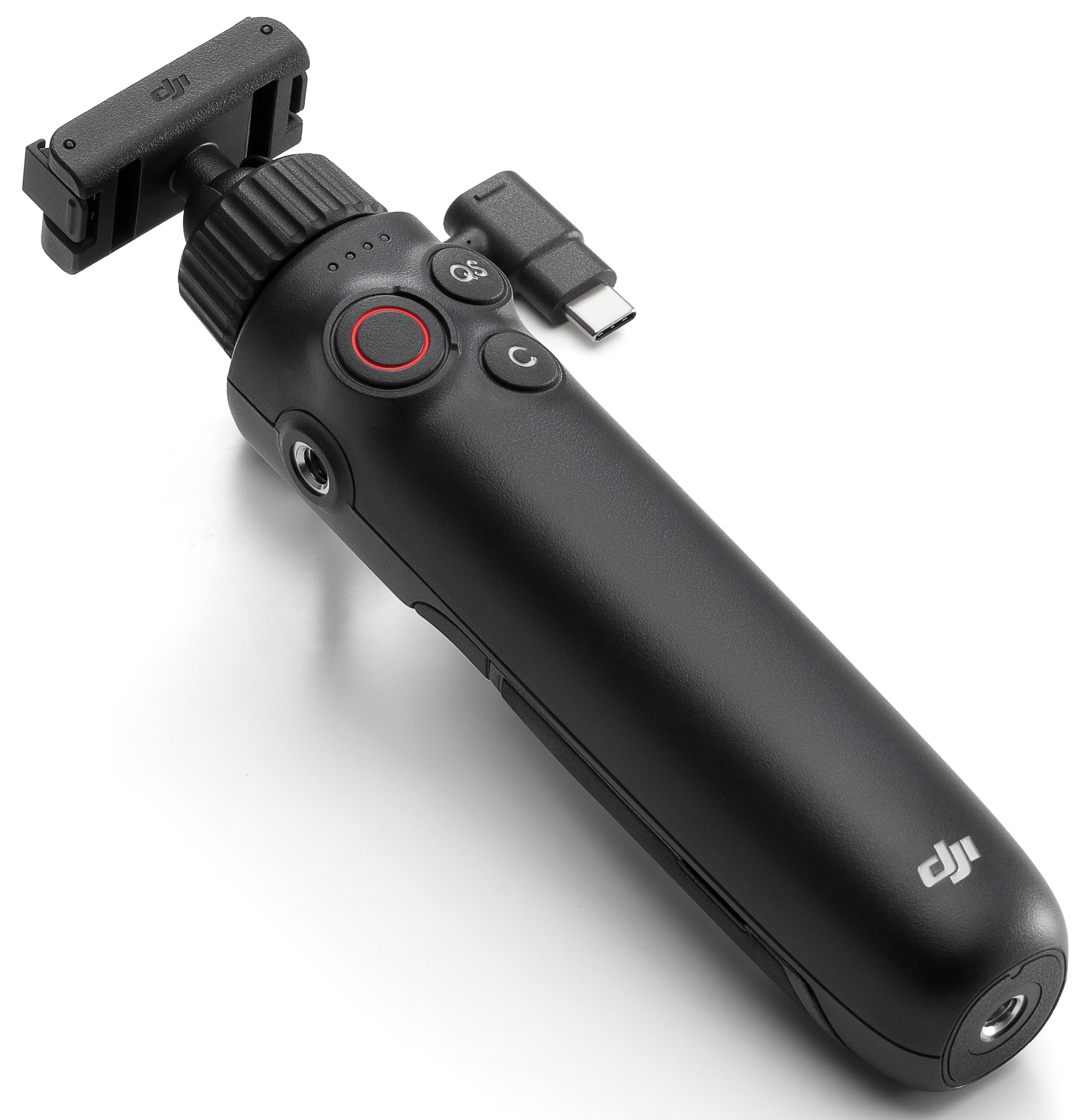 Fekete kézi markolat DJI logóval, USB-C adapterrel és kioldógombbal.