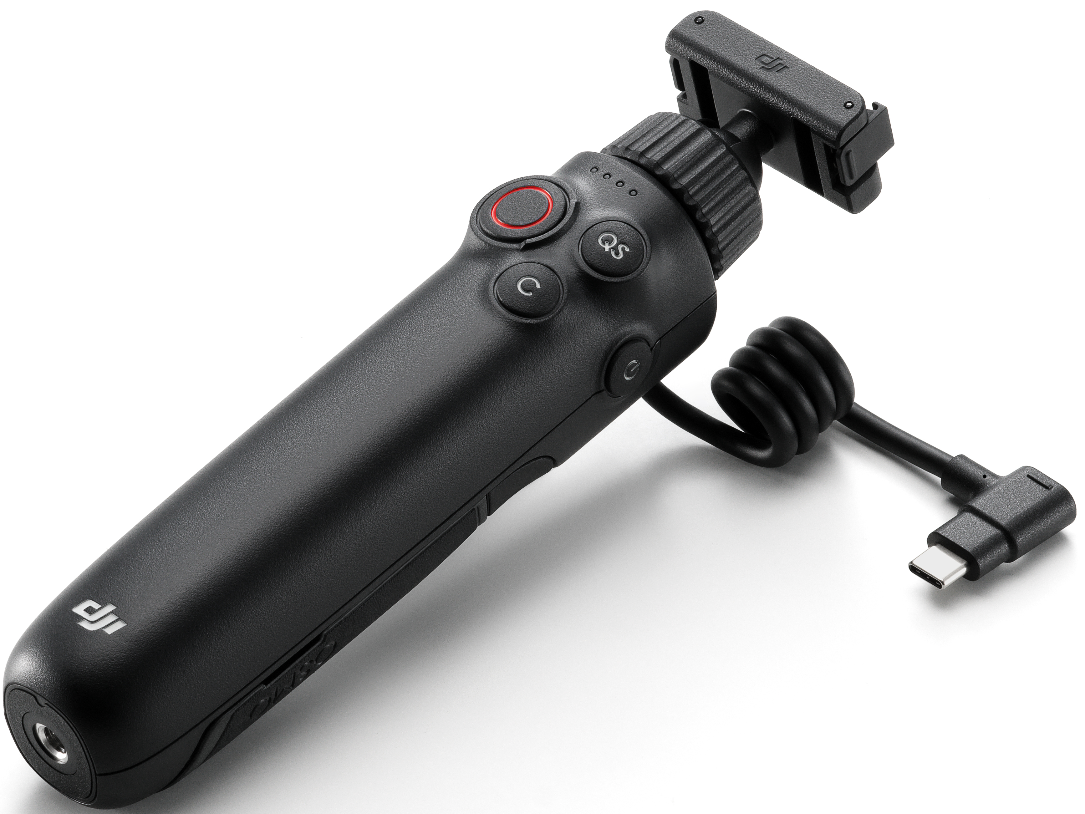 Fekete gimbal markolat USB-C kábellel és DJI logóval.