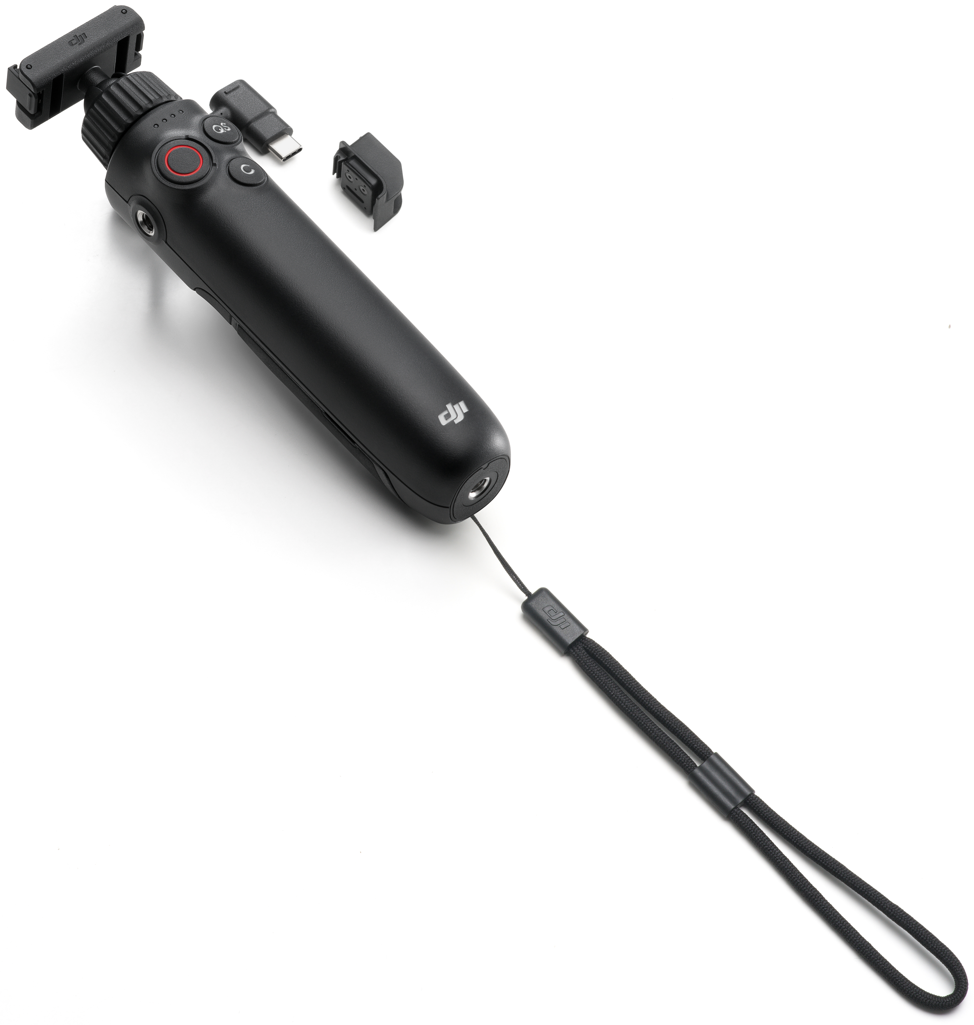 Fekete gimbal markolattal, USB-C porttal és csuklópánttal.