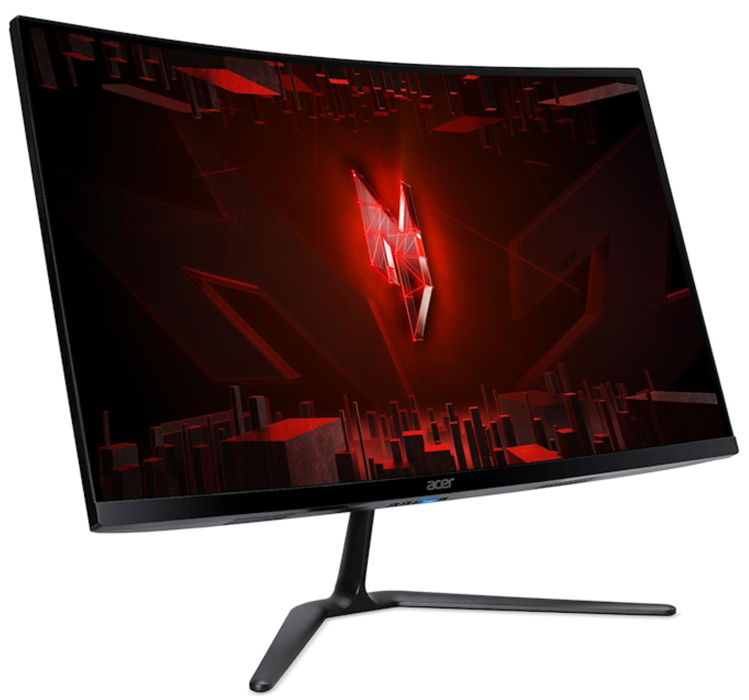 Un monitor curvo para juegos muestra un fondo abstracto rojo con el logo de Acer.