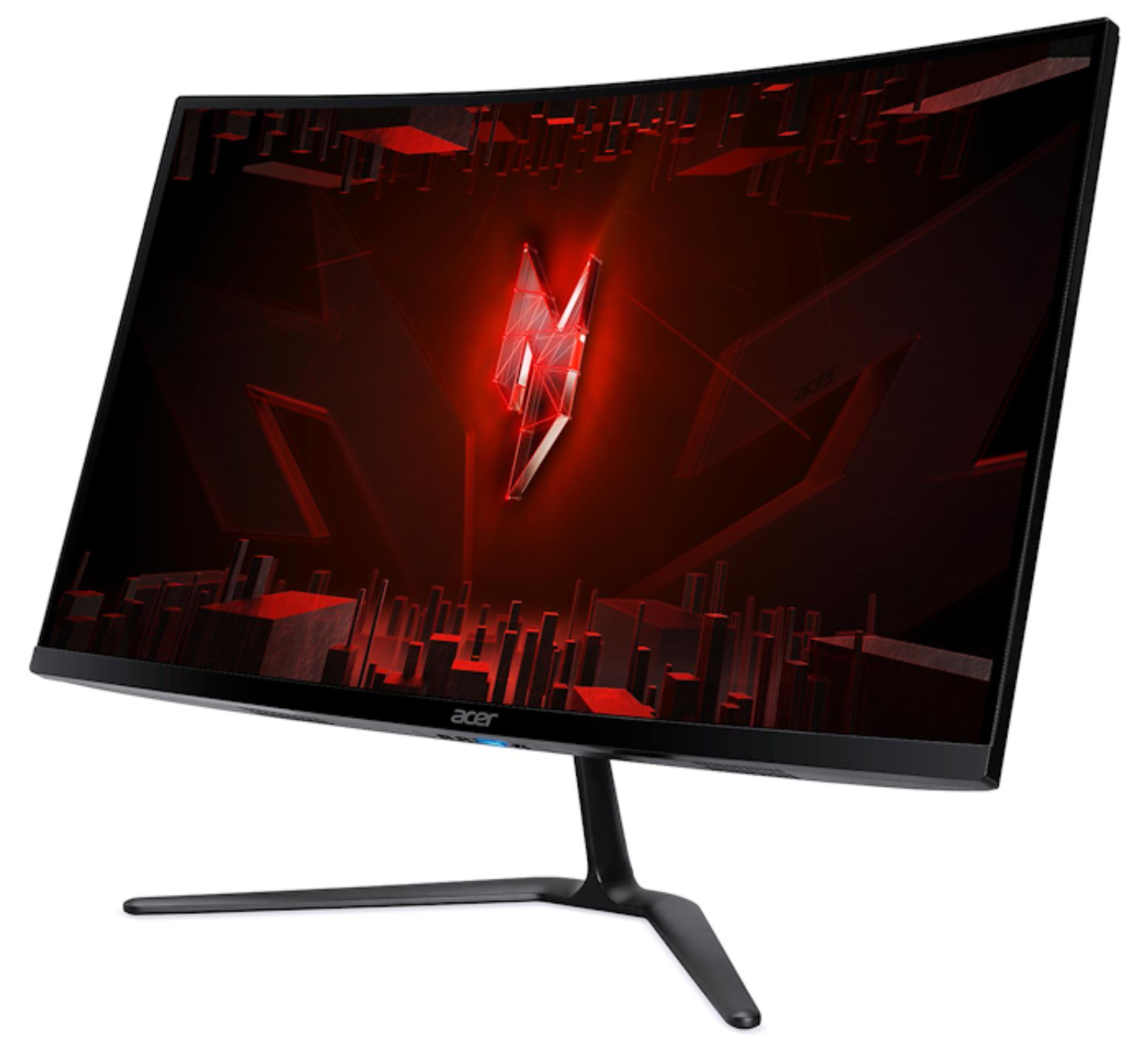 Un monitor curvo para juegos Acer muestra un fondo futurista rojo.