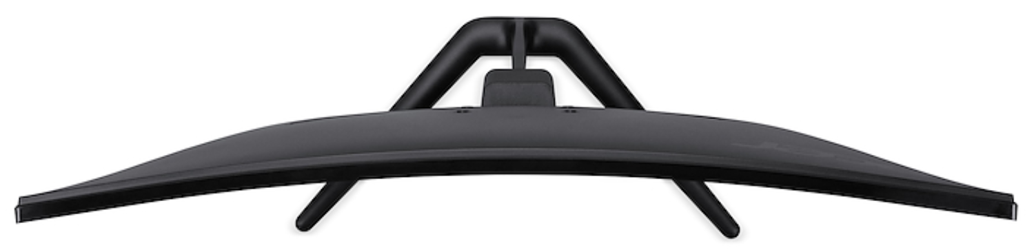 La parte superior de un monitor curvo negro con soporte negro.