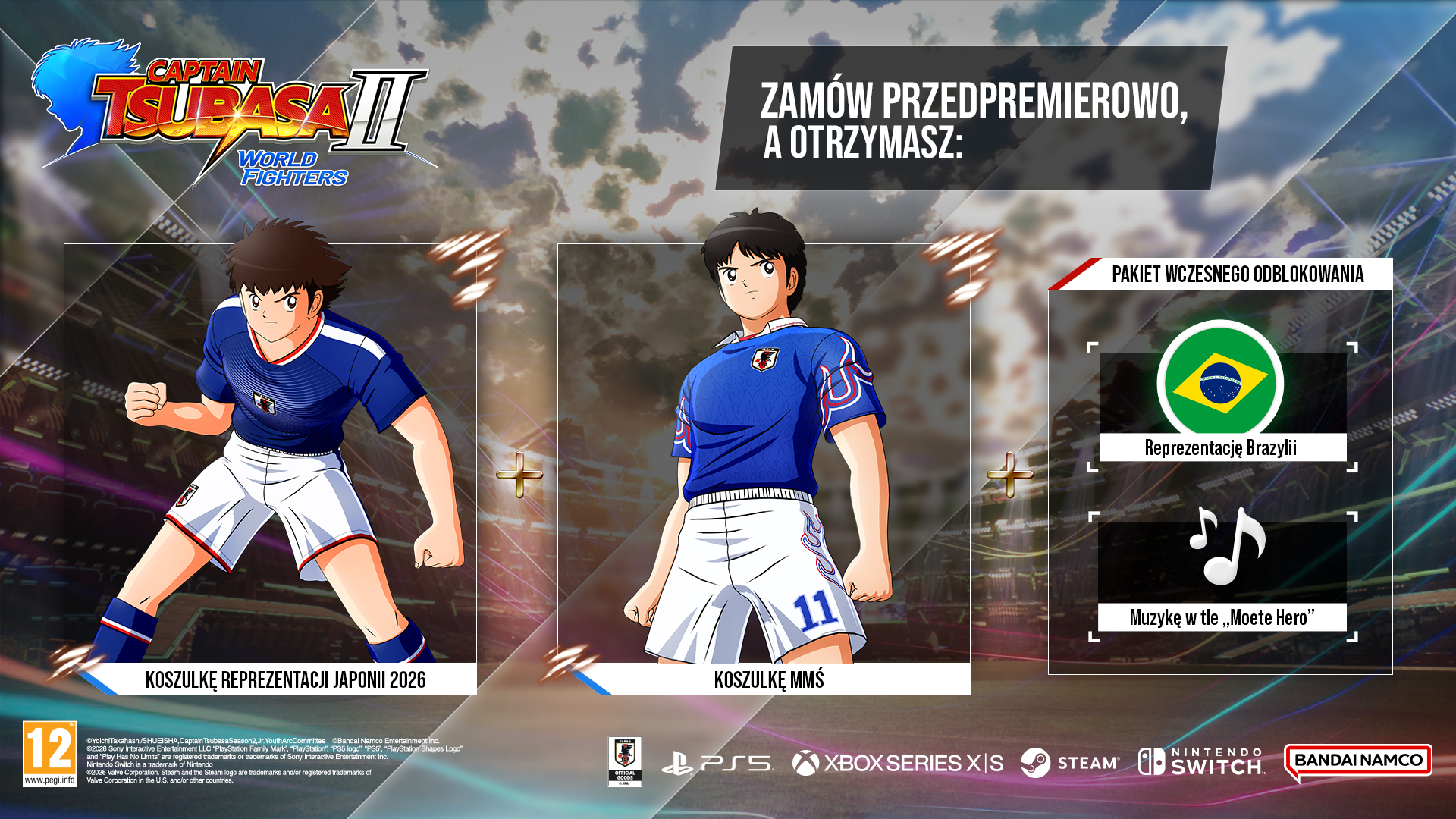 Reklama Captain Tsubasa 2: World Fighters z dwoma graczami, strojami i bonusami.