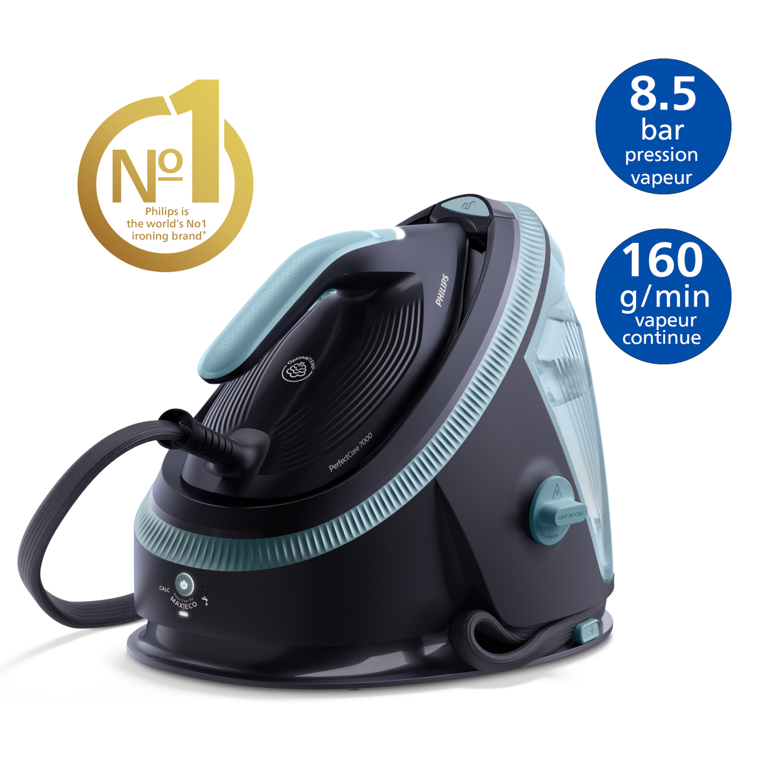 Fer Philips PerfectCare 7000 noir avec accents bleus. Logo marque N°1, pression 8,5 bar, vapeur 160g/min.