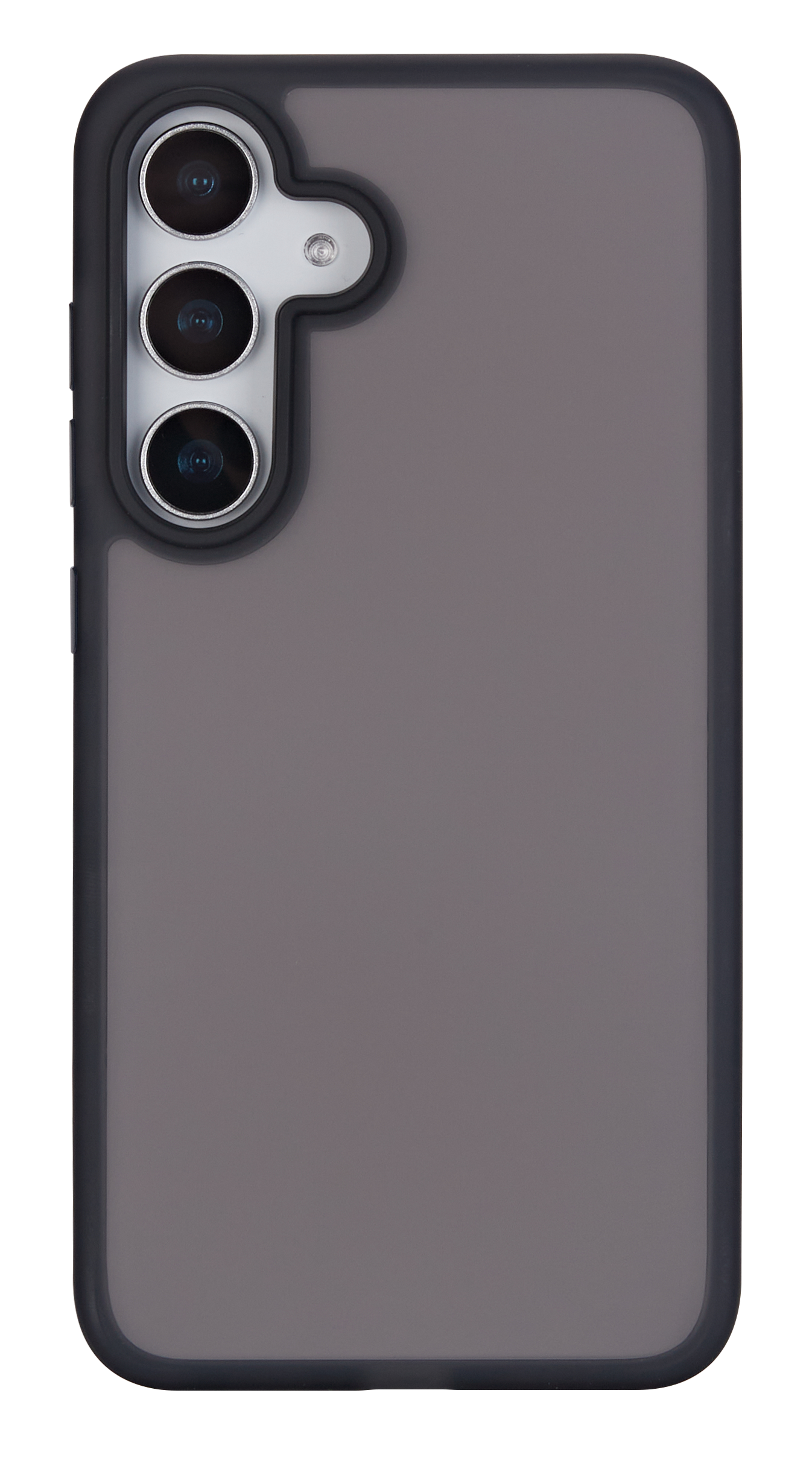 Rückseite eines grauen Smartphone-Gehäuses mit drei Kameralinsen und Blitz.