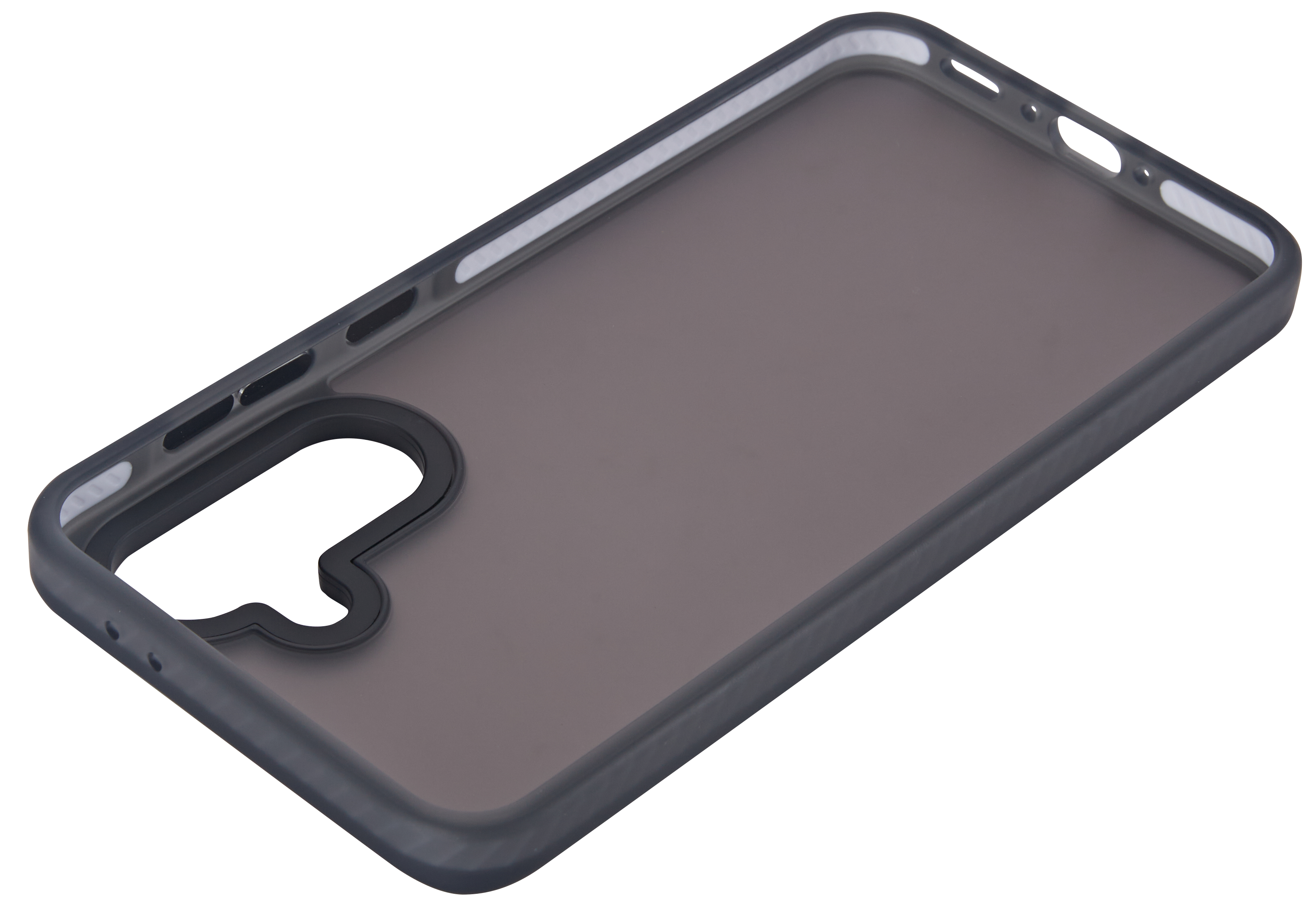 Eine transparente Handyhülle mit dunklem Rahmen und Aussparungen.
