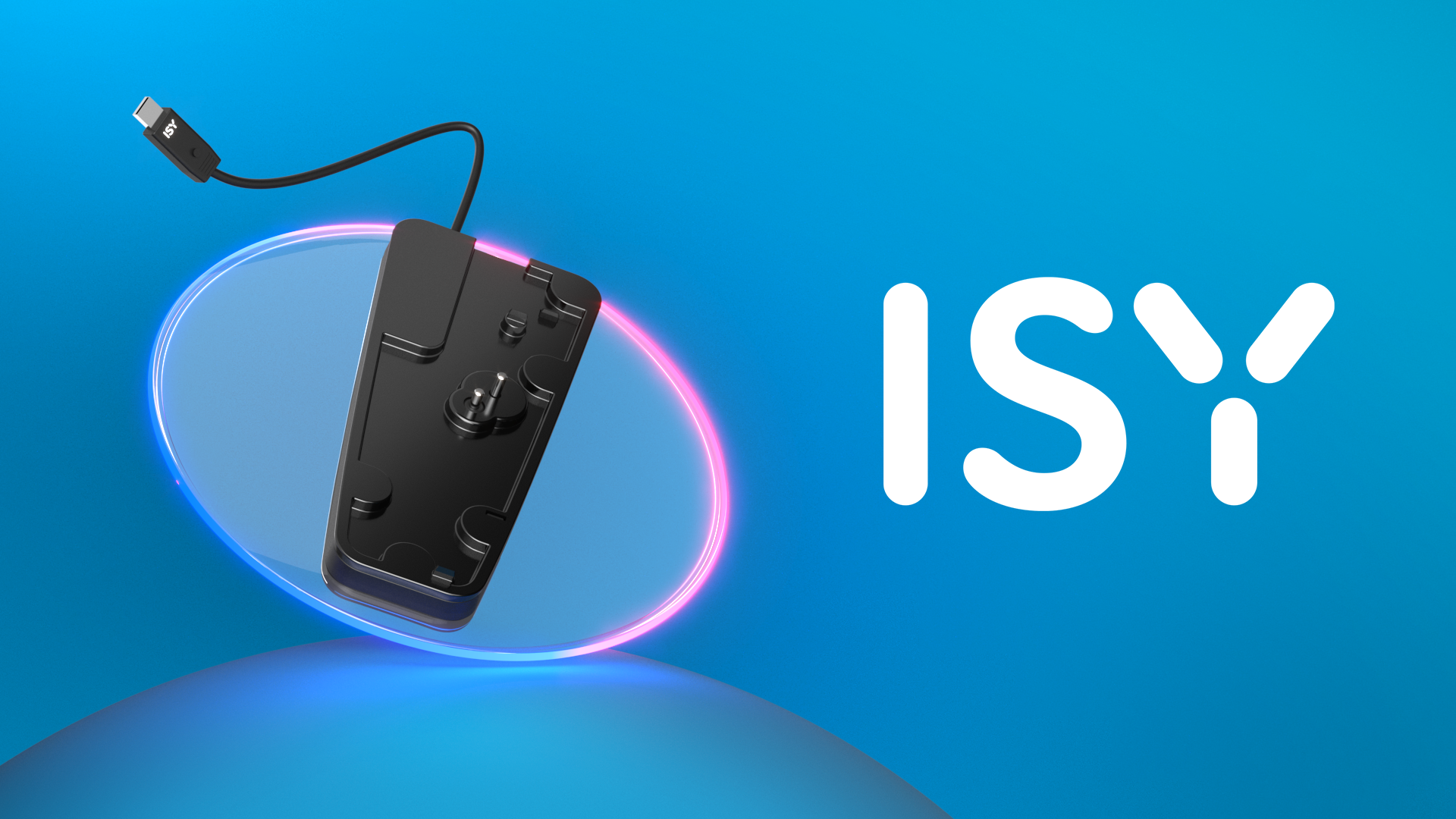 Ein schwarzes ISY-Gerät mit USB-C-Kabel auf einer durchsichtigen Scheibe mit neonfarbenem Rand.