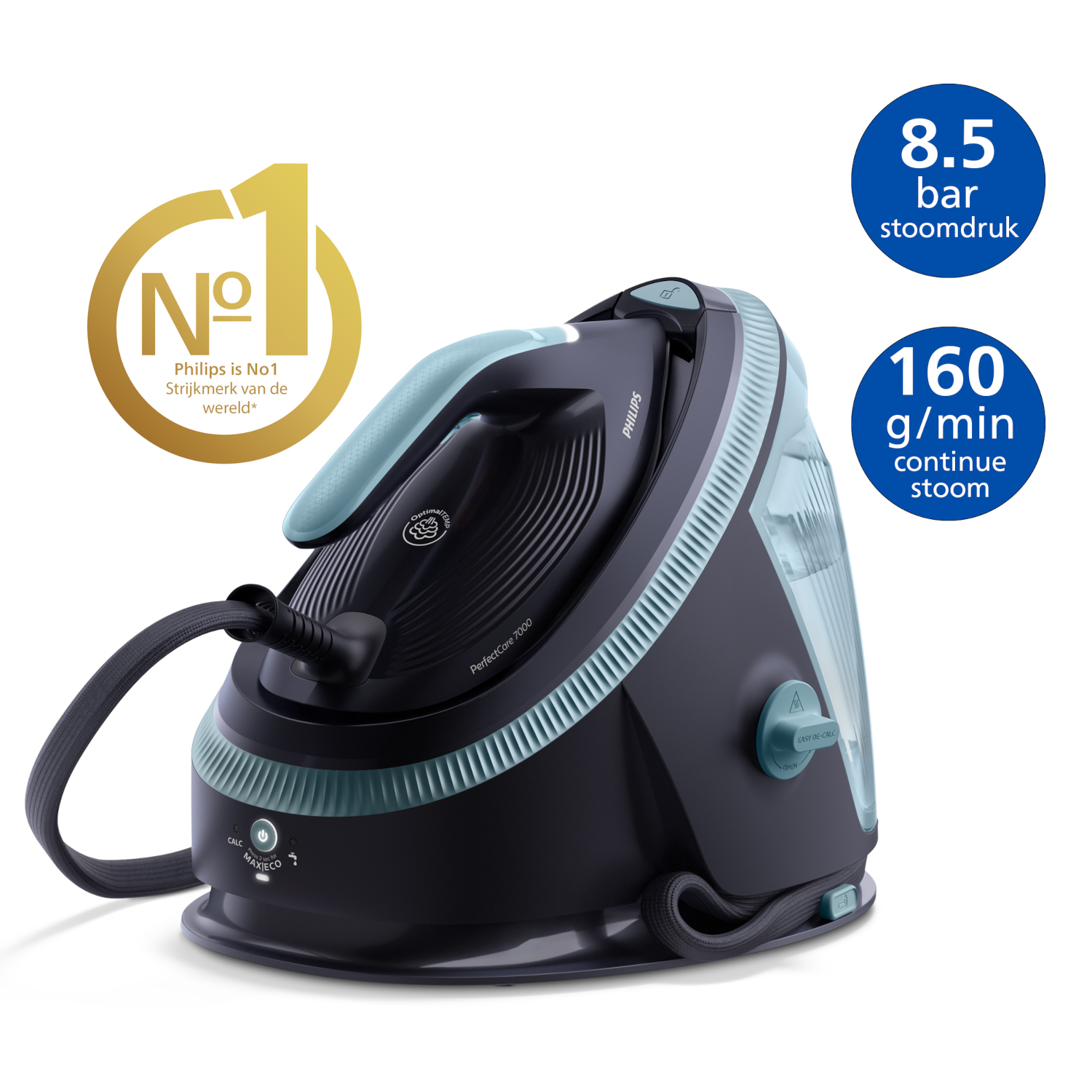 A black and blue steam iron with information on steam pressure and output.