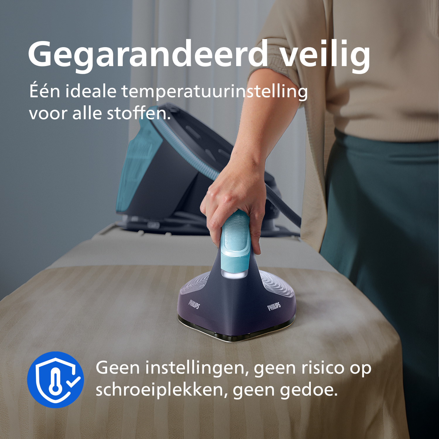 Steam iron on ironing board, with text and safety icon.