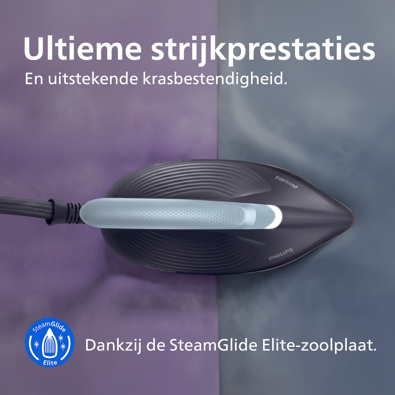 Steam iron with SteamGlide Elite sole on a two-tone background.