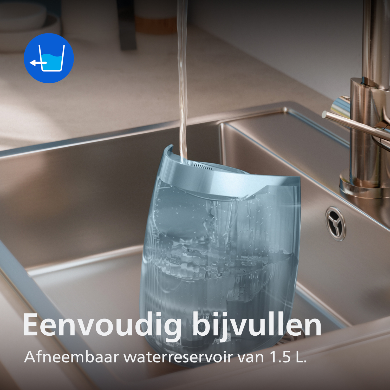 A water tank is being filled with water in a sink.