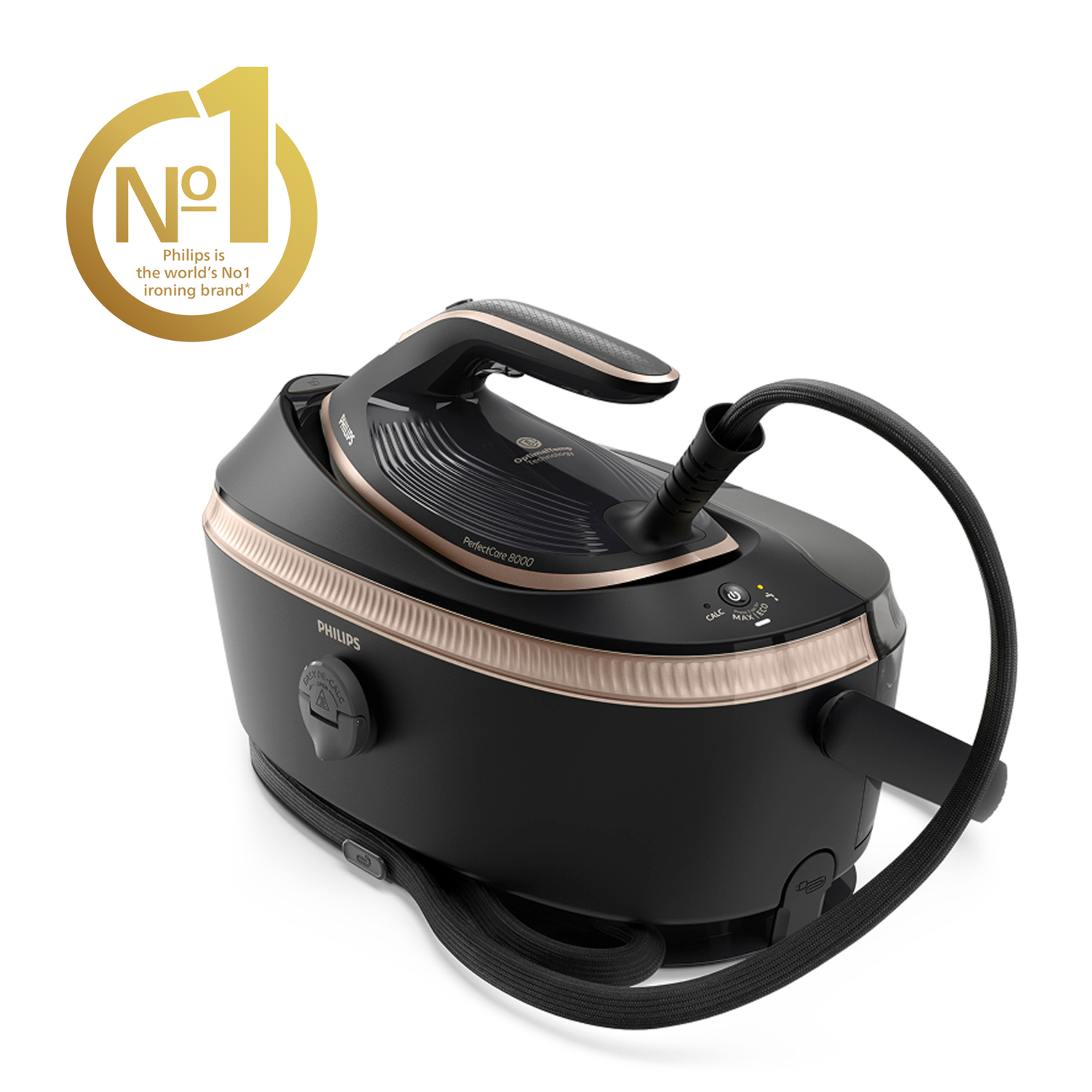 A black steam iron system with rose gold accents and the Philips logo.